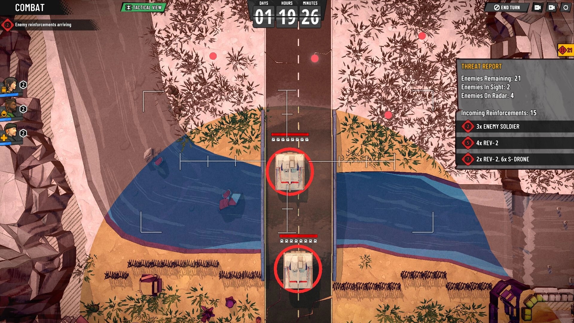 Last 4 Days: Tactical combat view targeting two enemy vehicles on bridge over river with threat report UI.