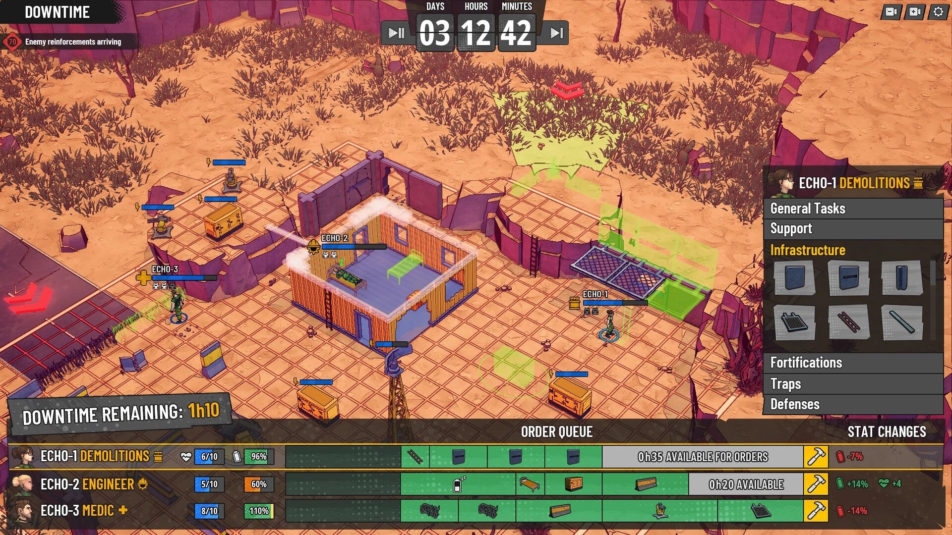 Last 4 Days: Downtime base-building with Echo squads placing infrastructure on desert grid outpost.