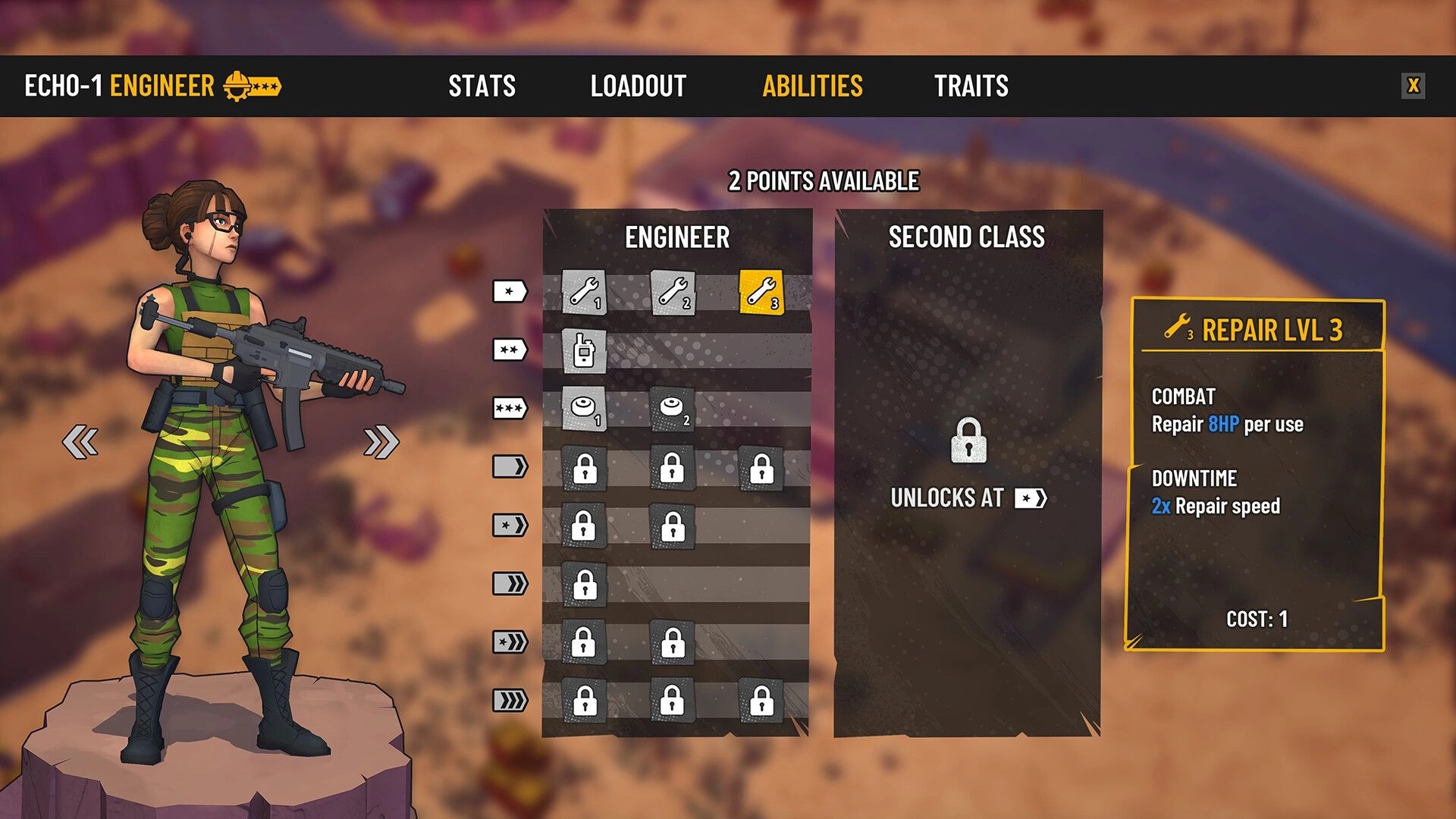 Last 4 Days: Engineer abilities upgrade screen with Repair lvl 3 selected over blurred desert base backdrop.