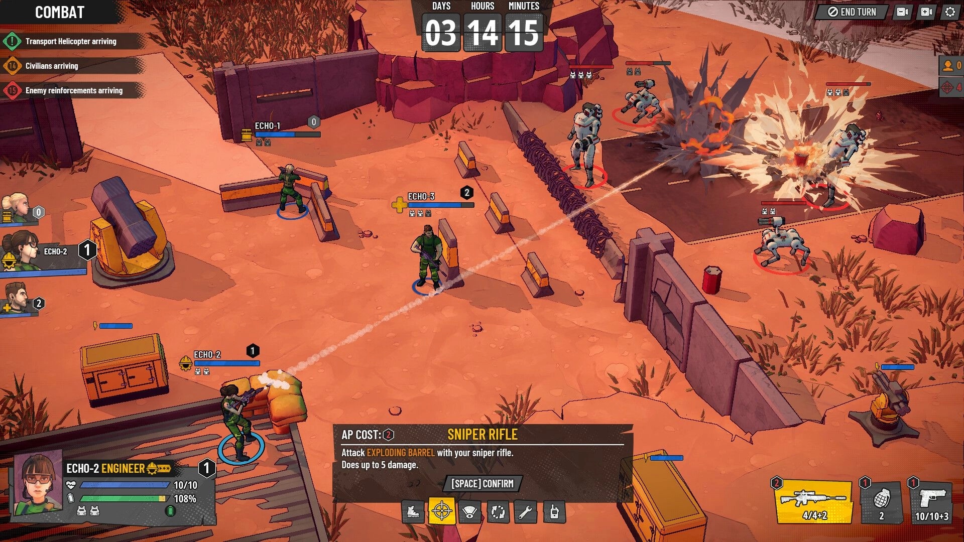 Last 4 Days: Engineer aims sniper rifle at explosive barrel as robots advance in desert base combat UI.