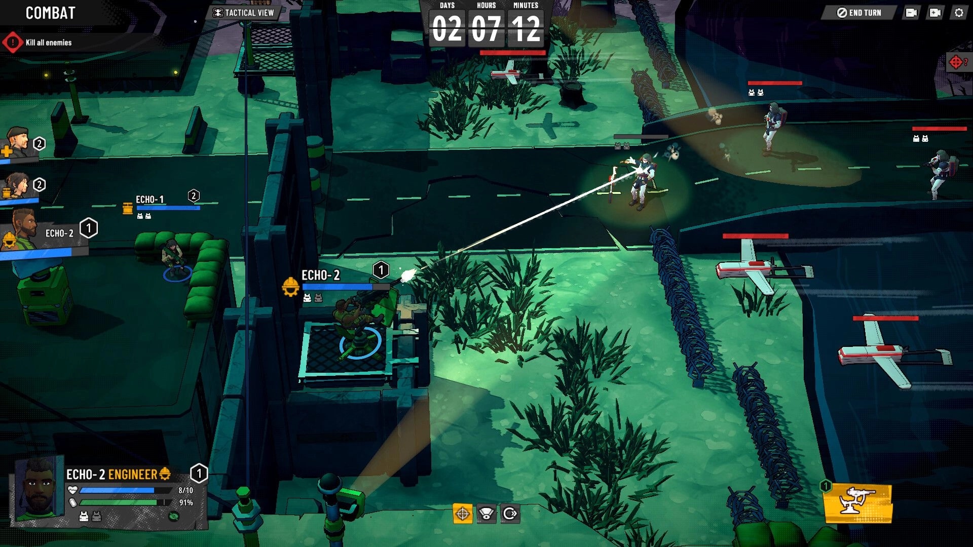 Last 4 Days: Tactical combat view with ECHO-2 aiming at enemies on a road by barbed wire fences.
