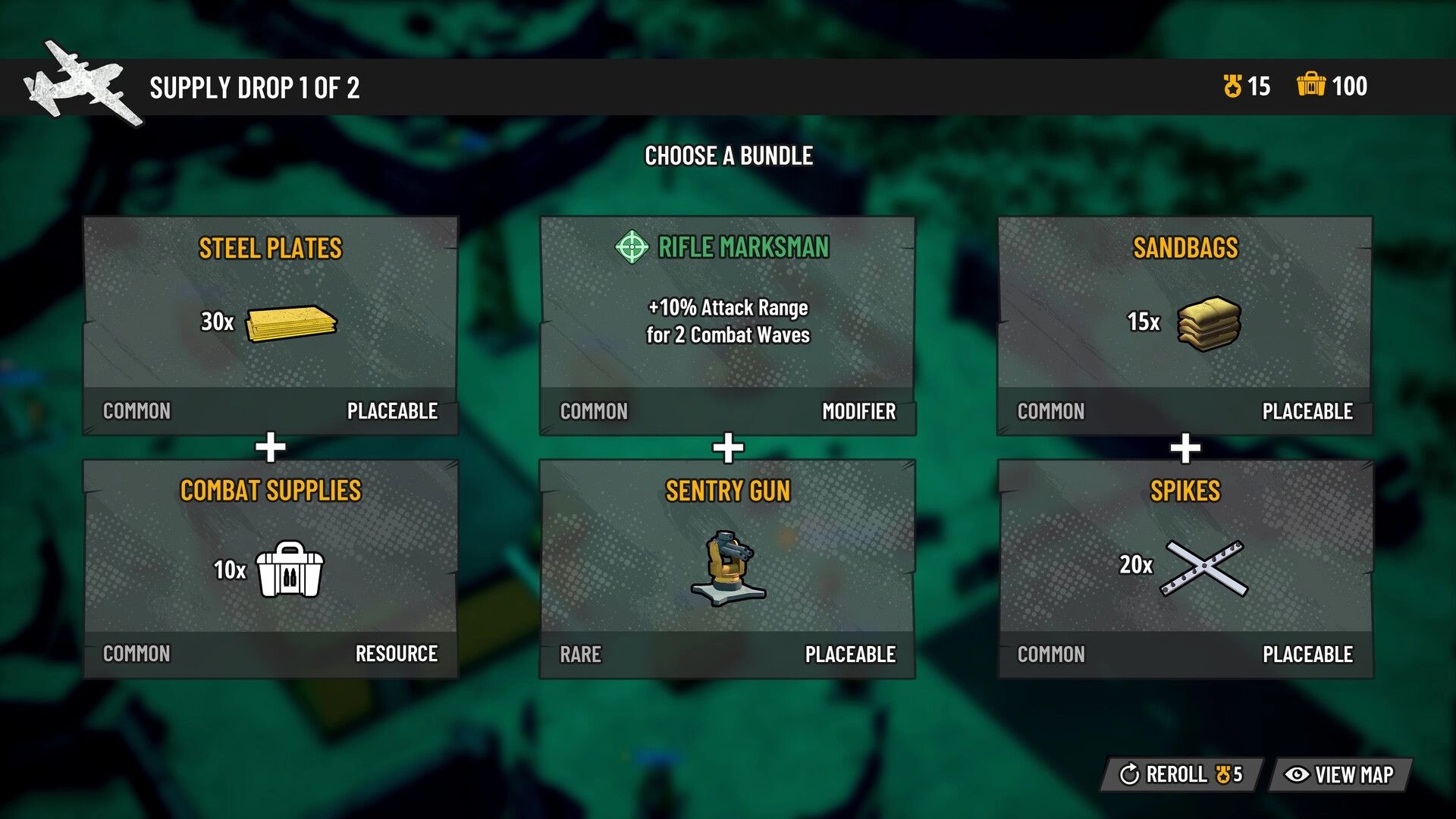 Last 4 Days: Supply drop bundle selection UI with steel plates, sandbags, spikes and sentry gun menu.
