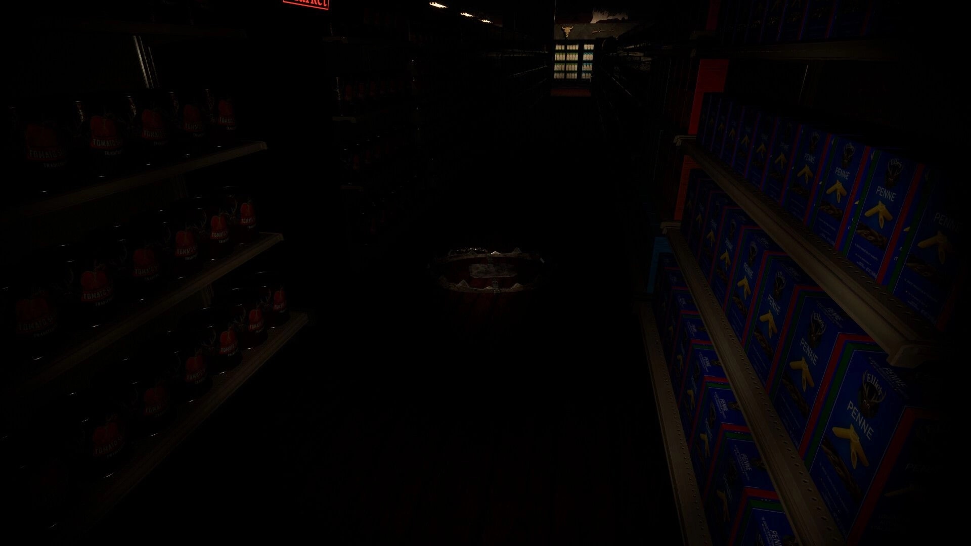 Last Chance Market: First-person view down dark grocery aisle with tomato cans and pasta boxes on shelves.