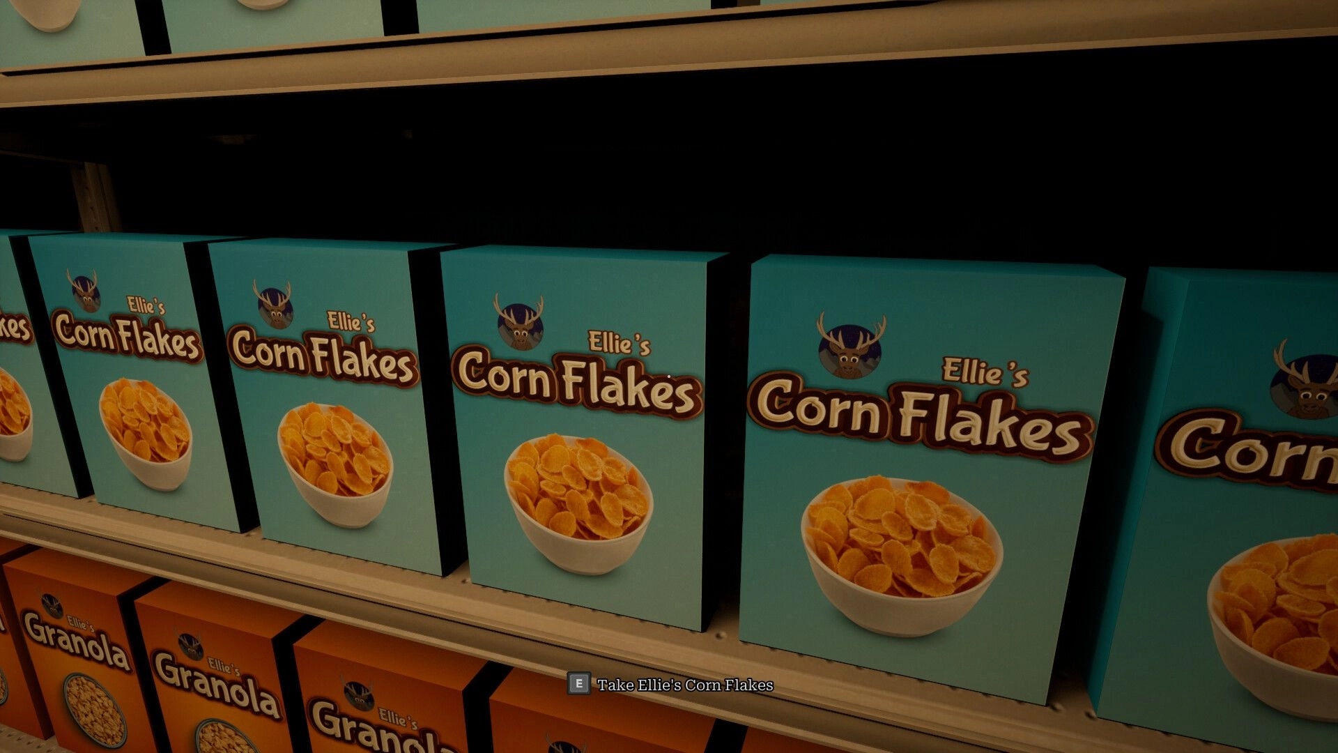 Last Chance Market: Prompt to take Ellie's Corn Flakes beside stacked cereal boxes on store shelf.