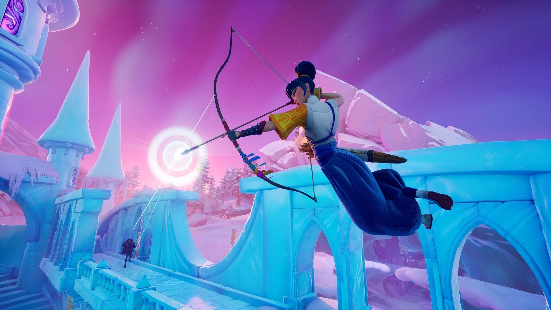 Last Flag: Archer aiming at target on icy bridge in vibrant, snowy fantasy landscape