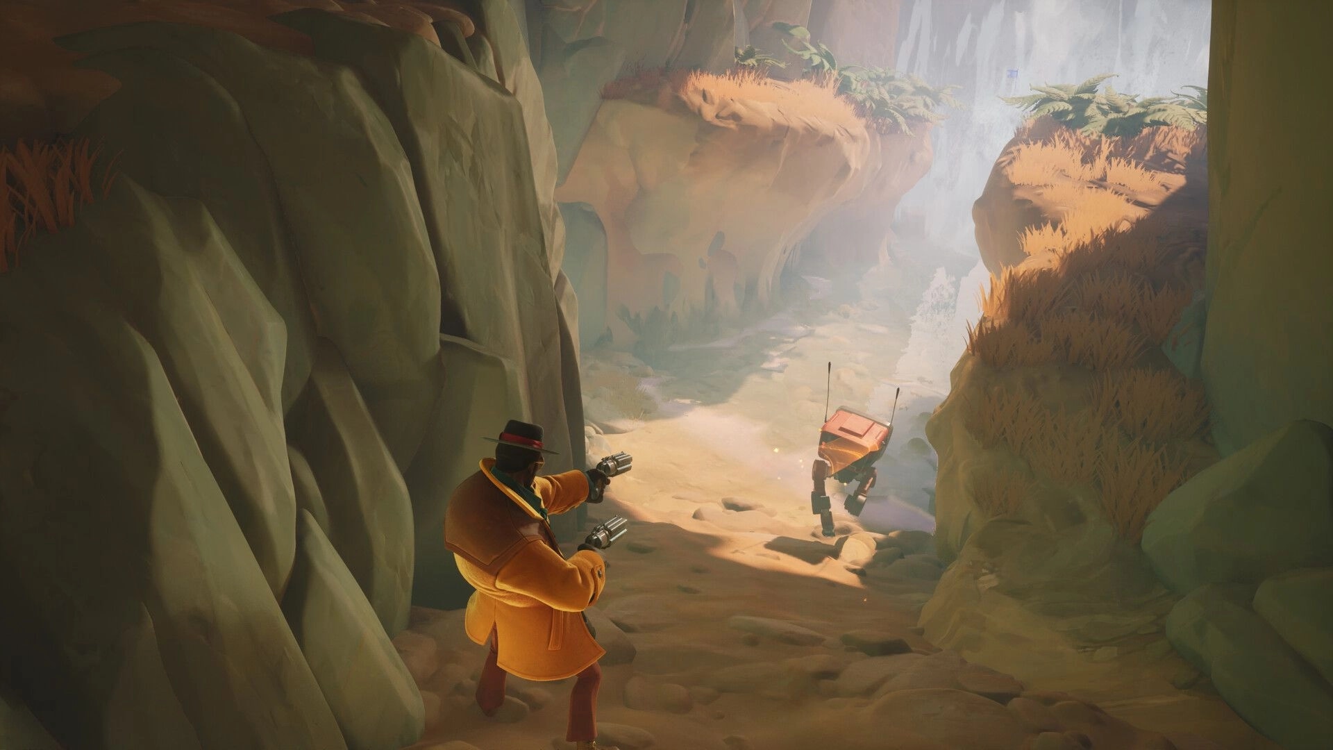 Last Flag: Character in orange coat aims dual pistols at robot opponent in a rocky canyon environment