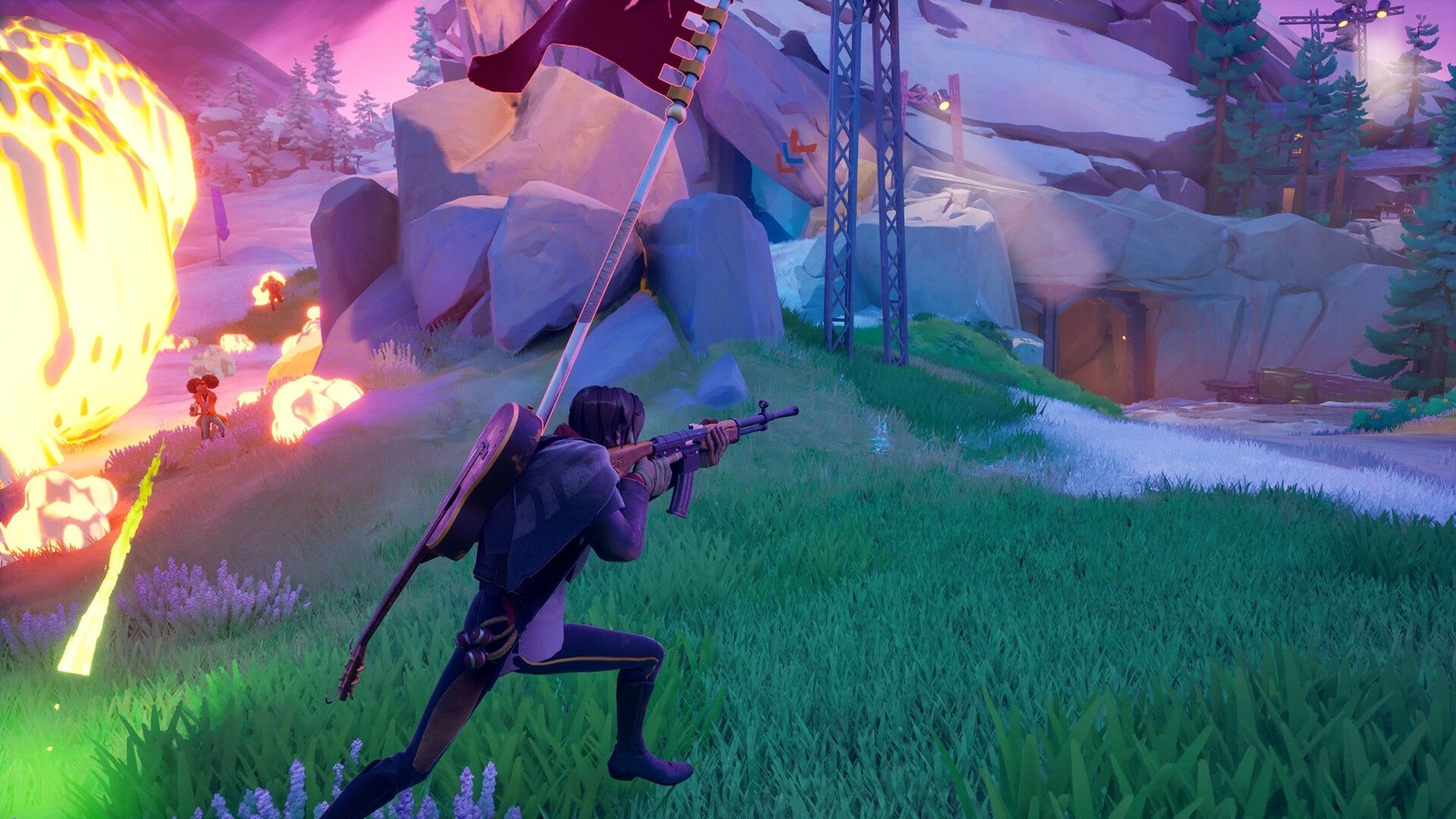 Last Flag: Player crouching with rifle near rocks and explosion in forested mountain area