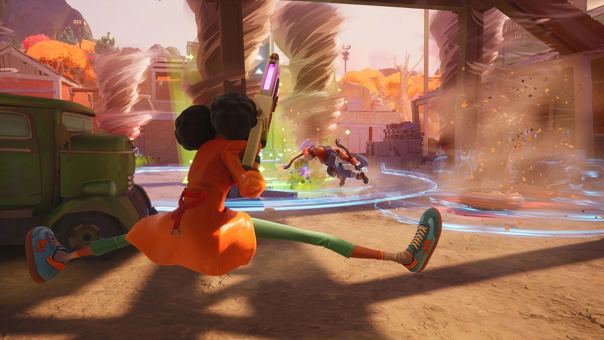 Last Flag: Player with blaster crouching under shelter, tornadoes swirling in vibrant urban arena