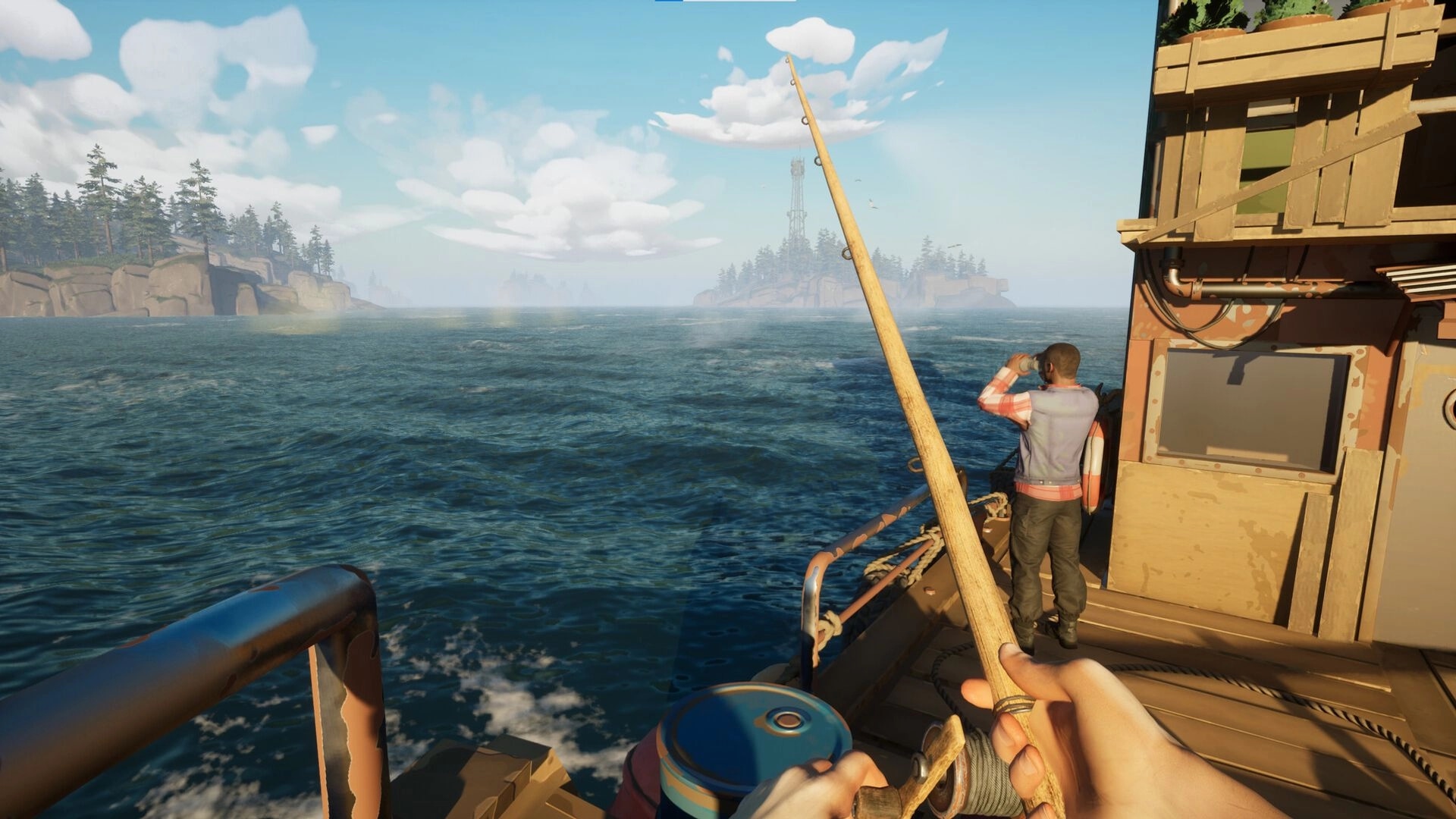 Last Harbor: First-person fishing from a boat deck beside a crewmate, islands and tower ahead.