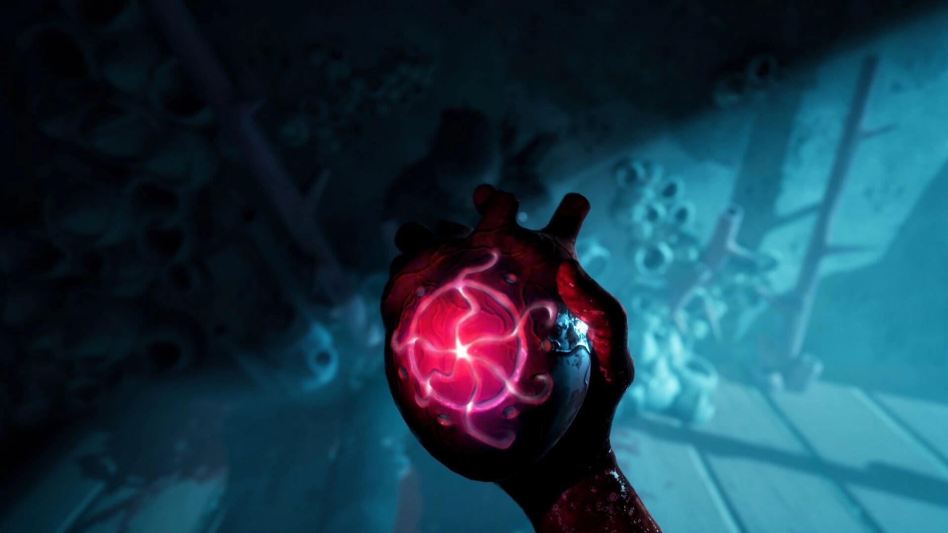 Last Harbor: Hand holds a glowing red organ-like item in a blue-lit boat interior with pipes.