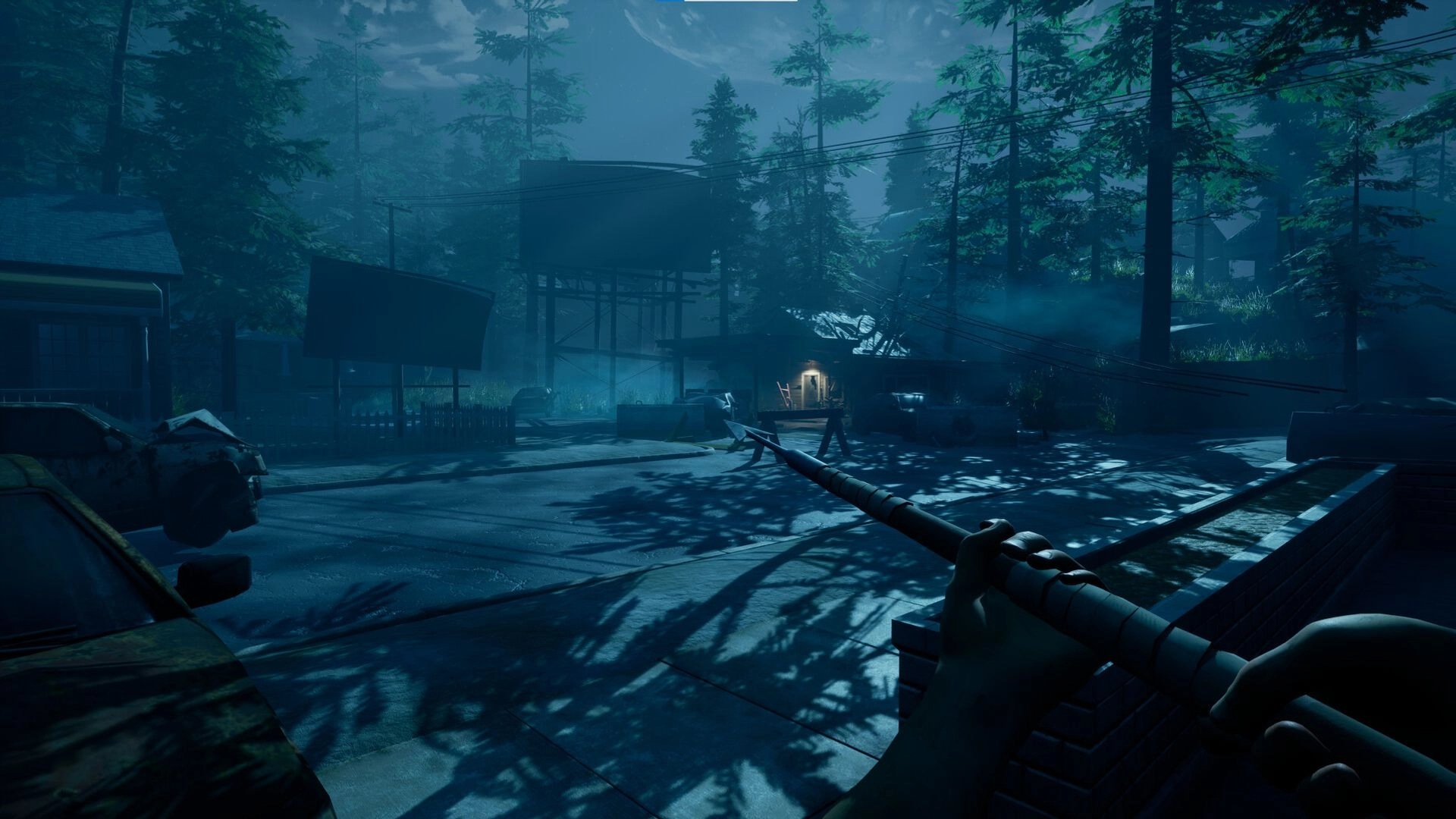 Last Harbor: First-person spear held ready on a foggy forest road with cars, cabins, power lines.