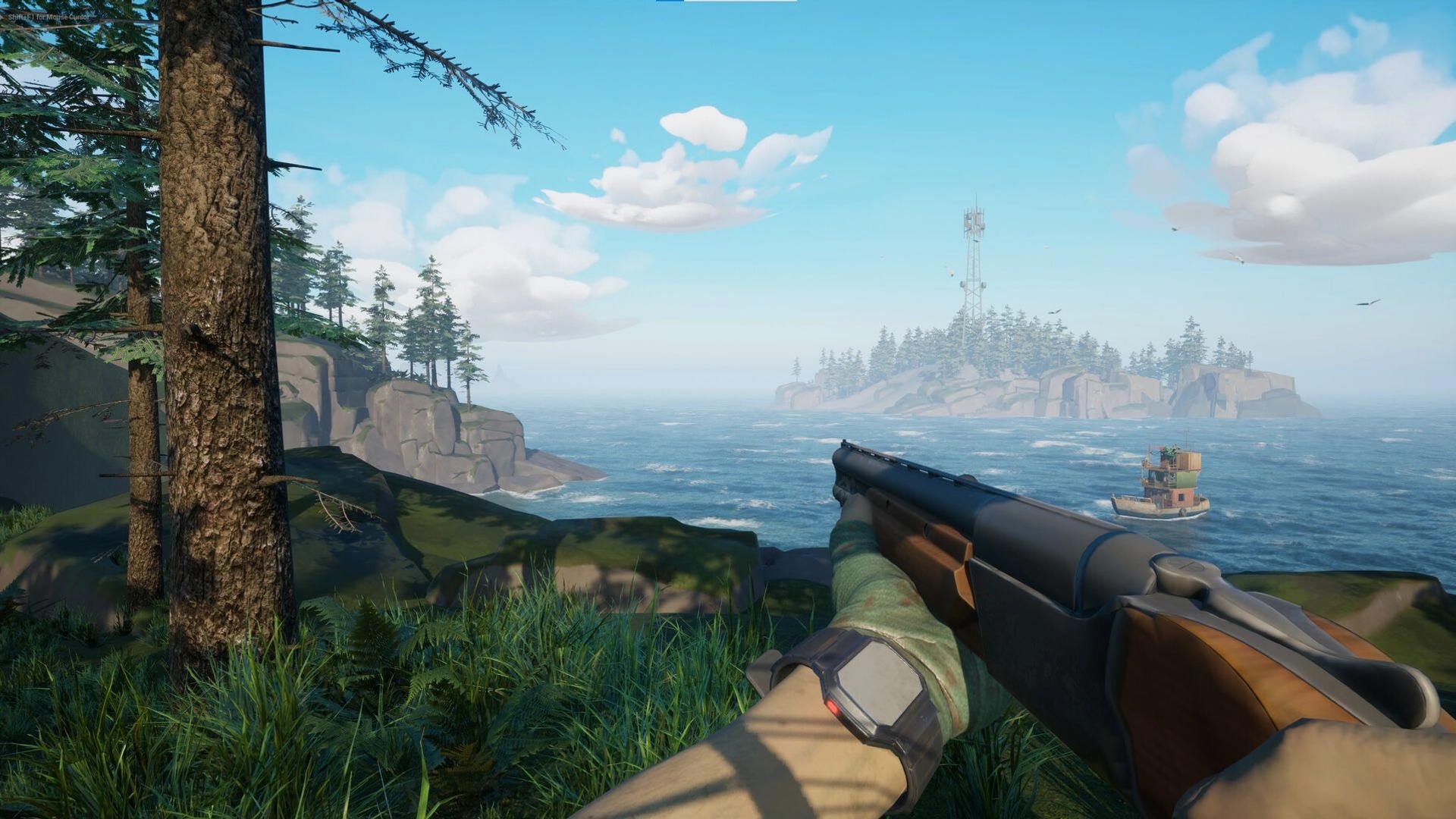 Last Harbor: First-person shotgun view overlooking rocky pine coastline and small boat on open sea.