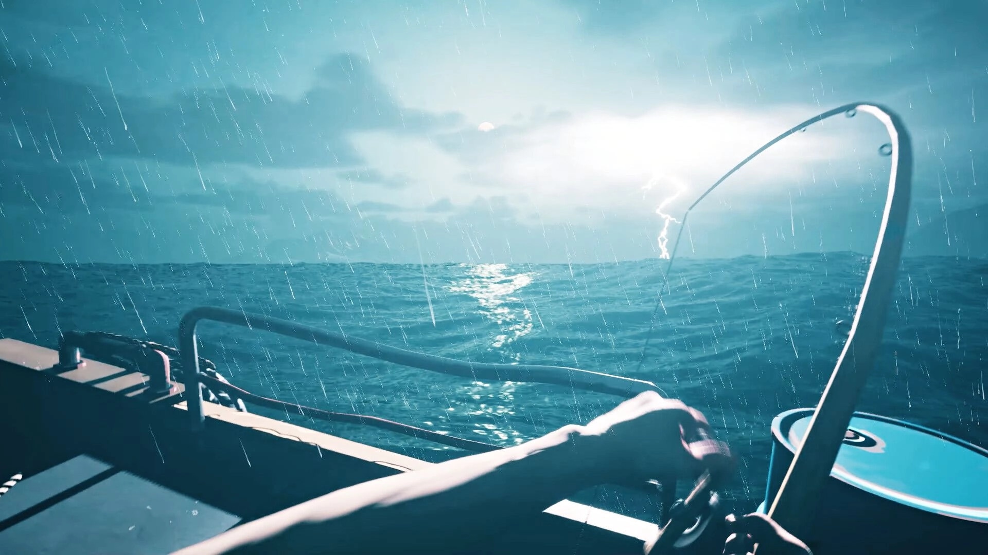 Last Harbor: First-person fishing rod cast from boat deck in stormy rain with lightning over ocean.