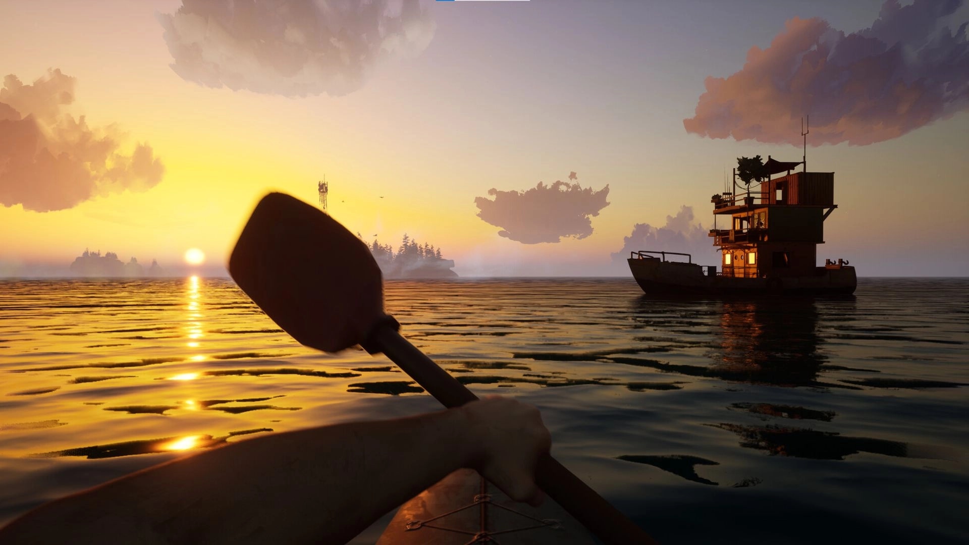 Last Harbor: First-person paddling on calm ocean at sunset near a lit boat and distant islands.