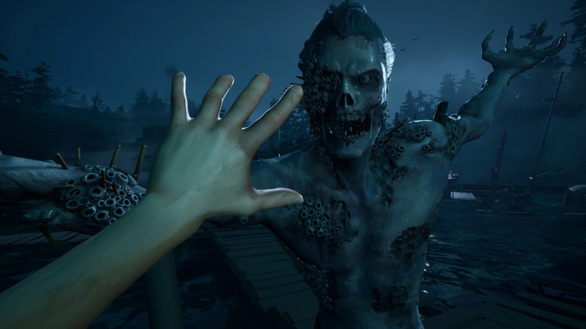 Last Harbor: First-person player raises hand to block a barnacled zombie on a foggy dock at night.