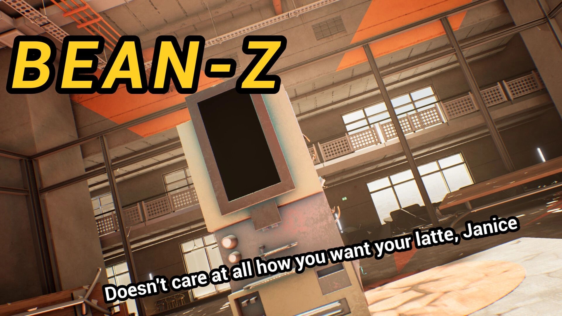 Last Man Sitting: Bean-Z coffee machine towers in an office with text mocking Janice's latte preference