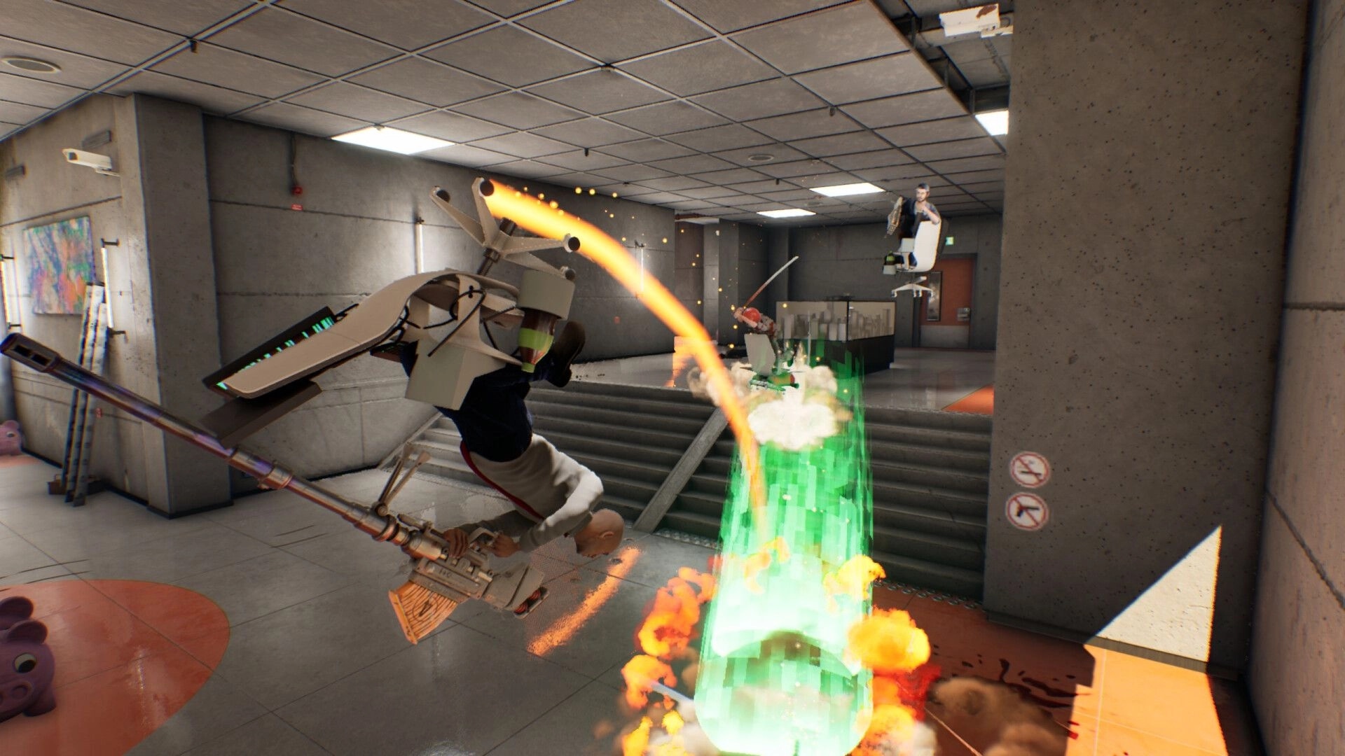 Last Man Sitting: Intense office chair combat with characters firing weapons in a gray office setting