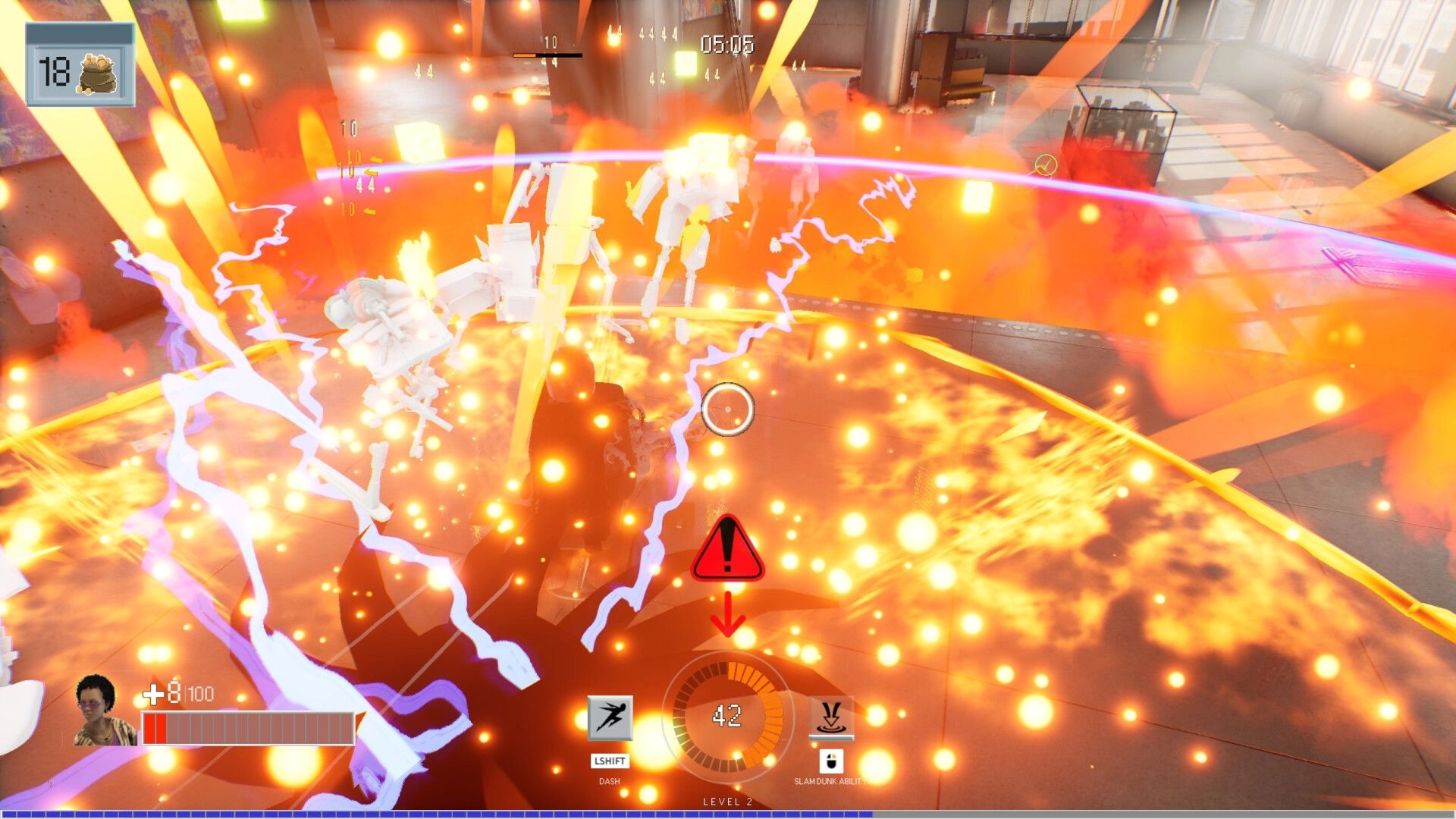 Last Man Sitting: Intense combat scene with glowing effects and UI elements in an office environment