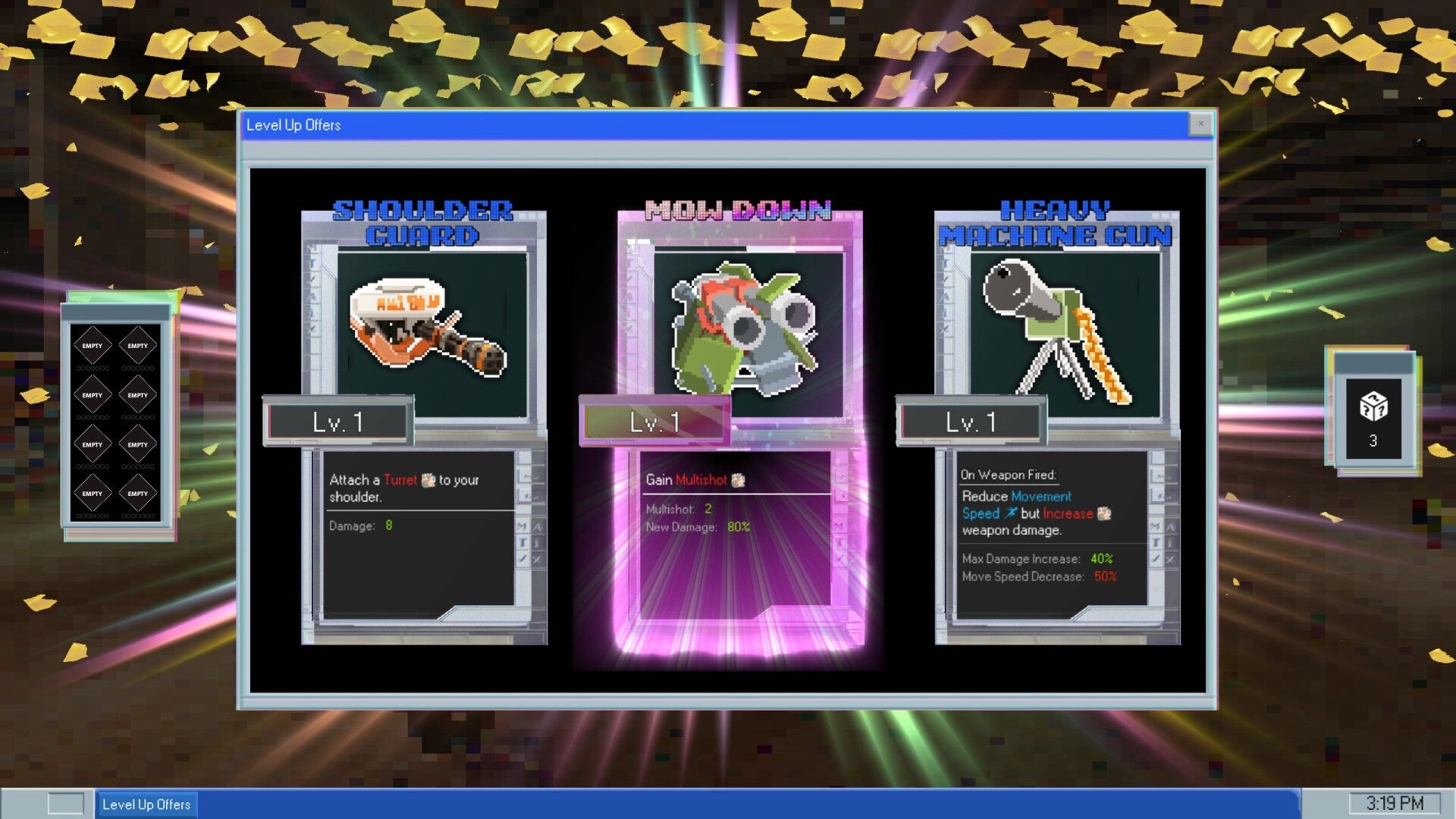 Last Man Sitting: Level up screen with options for Shoulder Guard, Mow Down, and Heavy Machine Gun