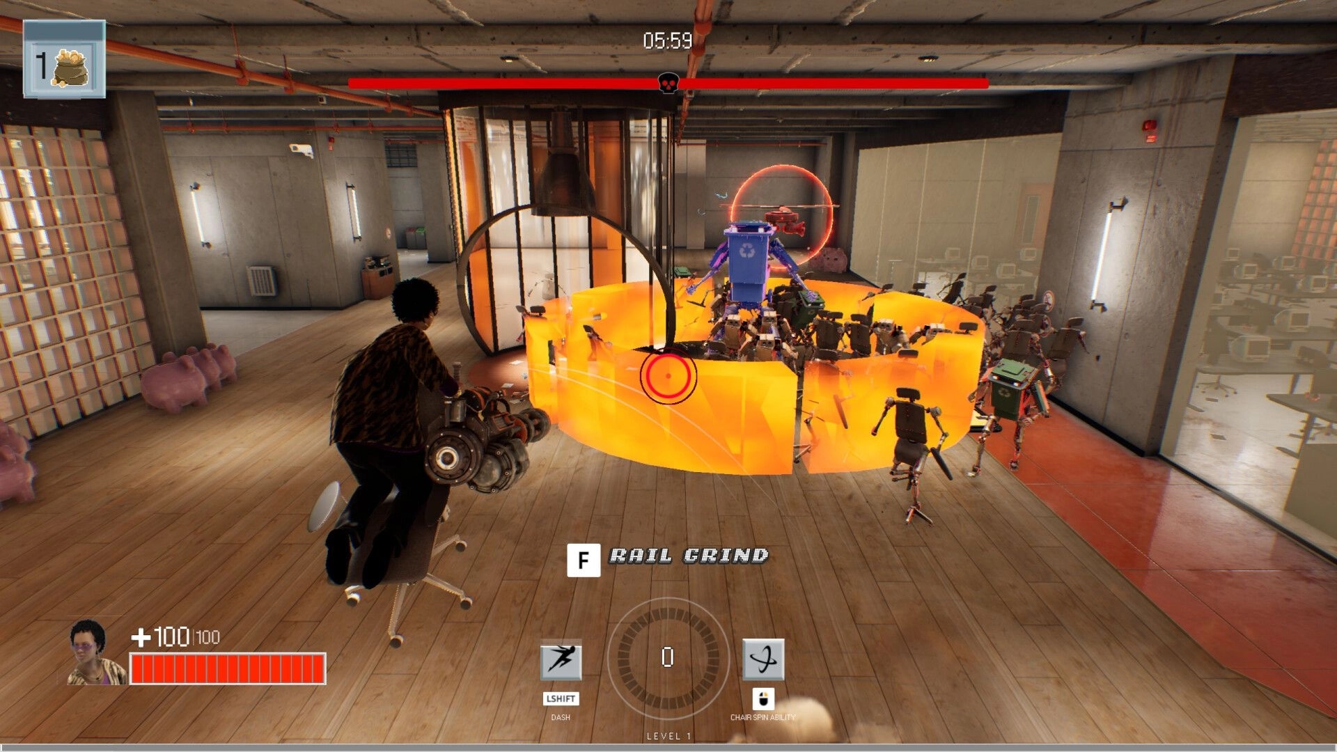 Last Man Sitting: Player grinding on office chair, battling robot enemies in cluttered office space.