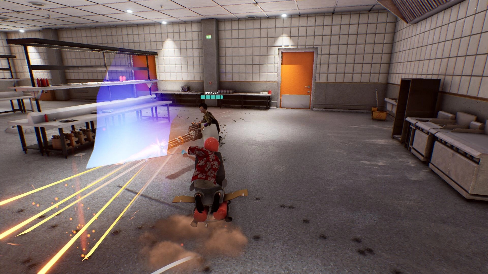 Last Man Sitting: Two players on office chairs in combat inside a room with orange doors and shelves.