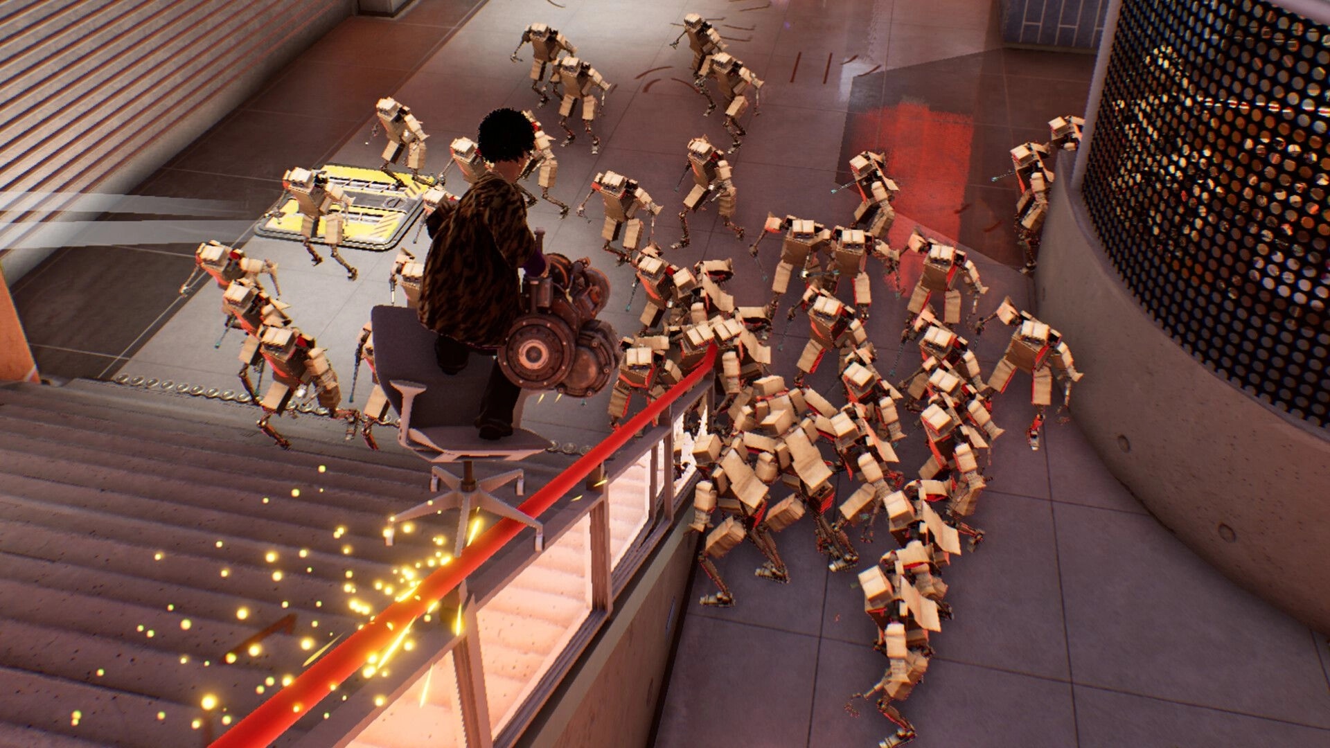 Last Man Sitting: Player on an office chair wielding a weapon against numerous robots in an industrial arena.