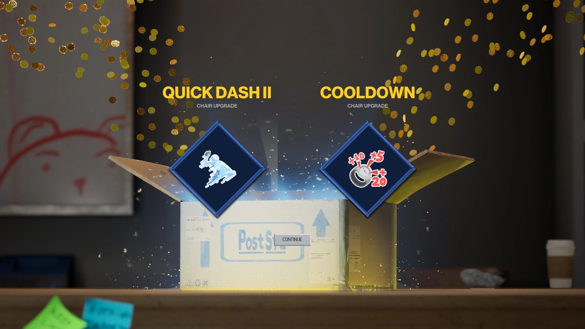 Last Man Sitting: Upgrade selection featuring Quick Dash II and Cooldown options in office setting