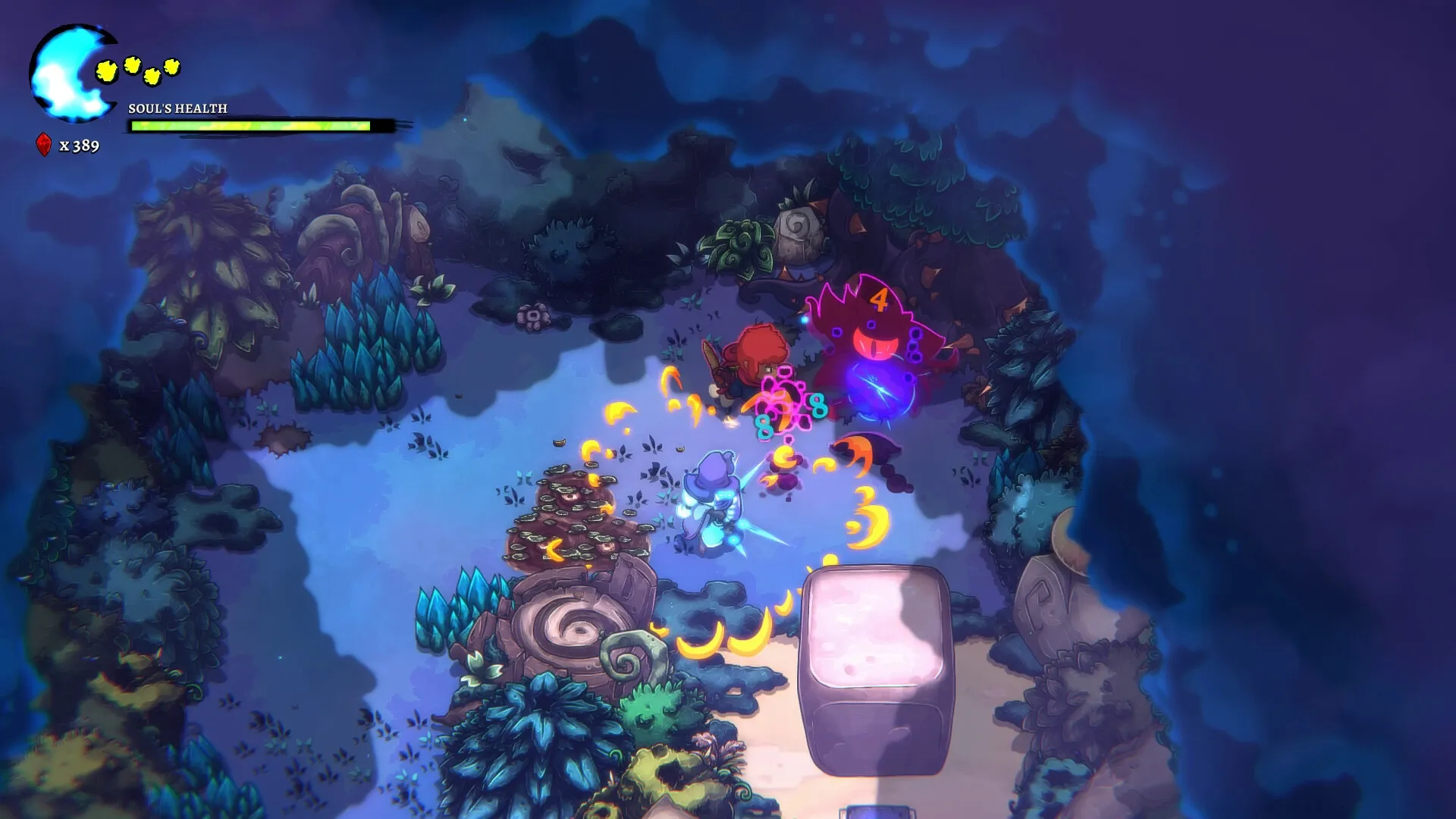 Last Moon: Player character battles enemies in a mystical forest with health bar and currency count visible.