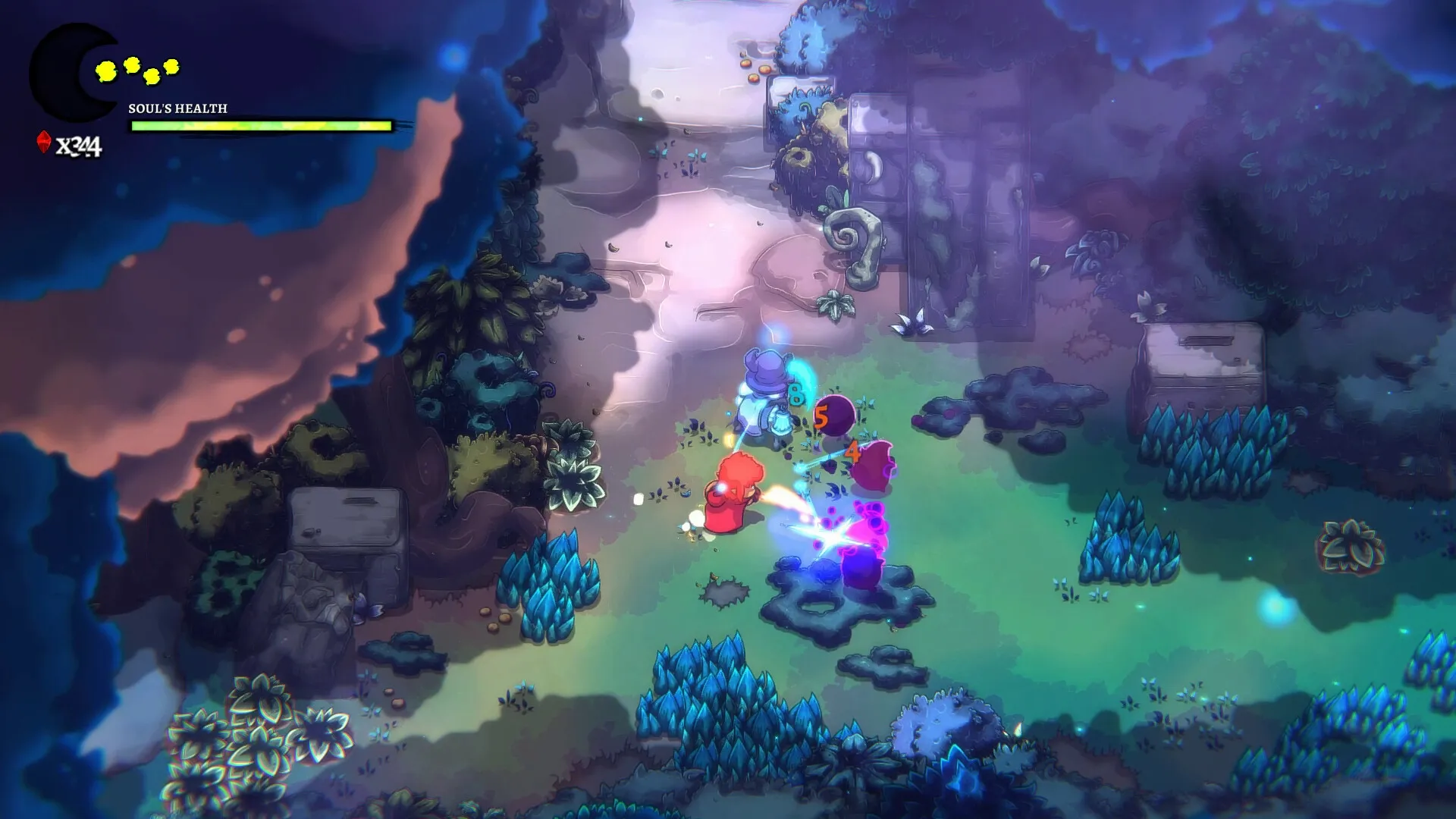 Last Moon: Player battling tainted creatures in a mystical forest with health bar and currency count visible.