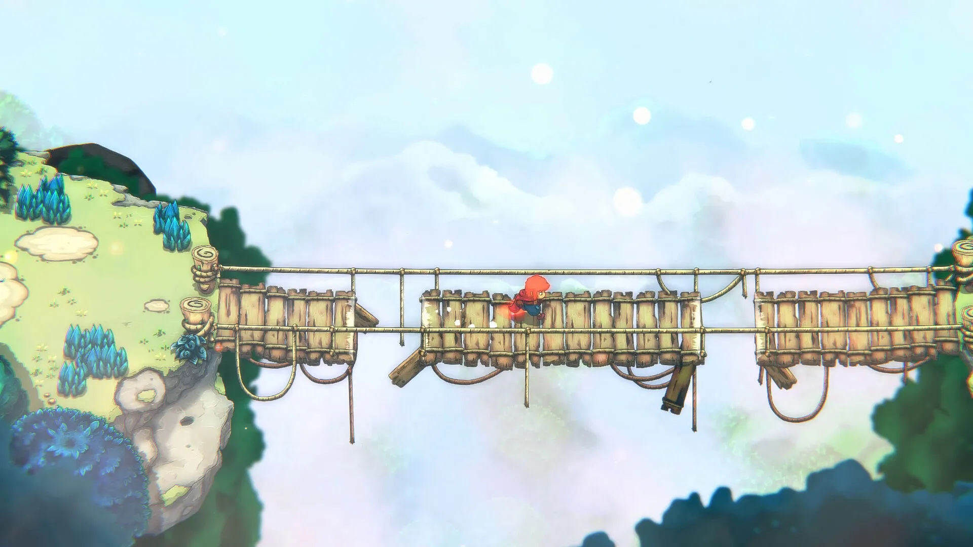 Last Moon: Character in red cloak crossing unstable wooden bridge over cloudy abyss