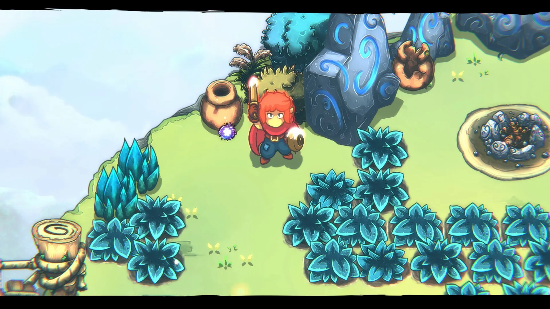 Last Moon: Character with red hair holding glowing sword in lush, overgrown landscape with blue plants