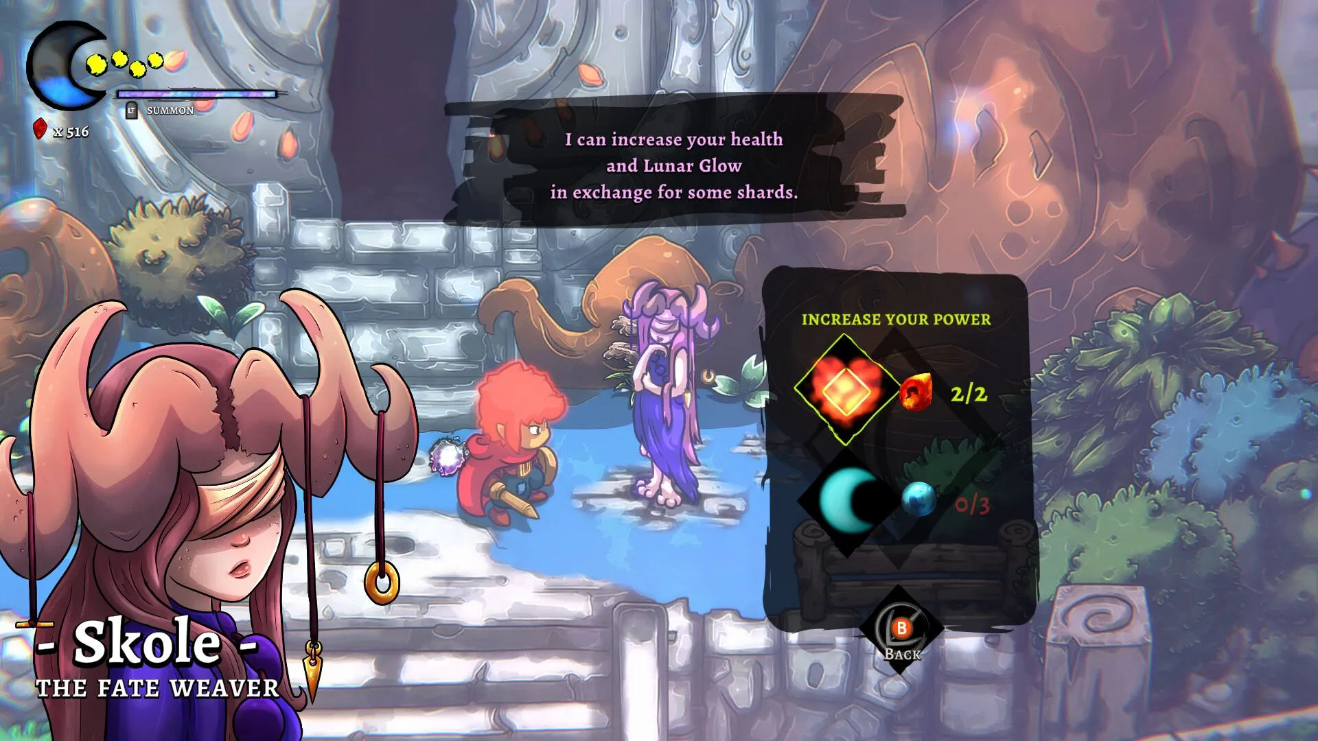 Last Moon: Skole offers to increase health and Lunar Glow for shards in a mystical forest setting.