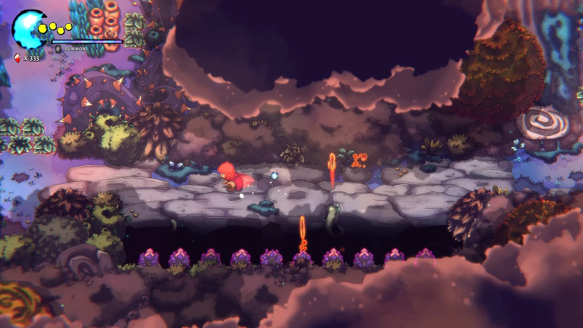 Last Moon: Character in red cloak navigating a mystical forest path with glowing plants and UI overlay