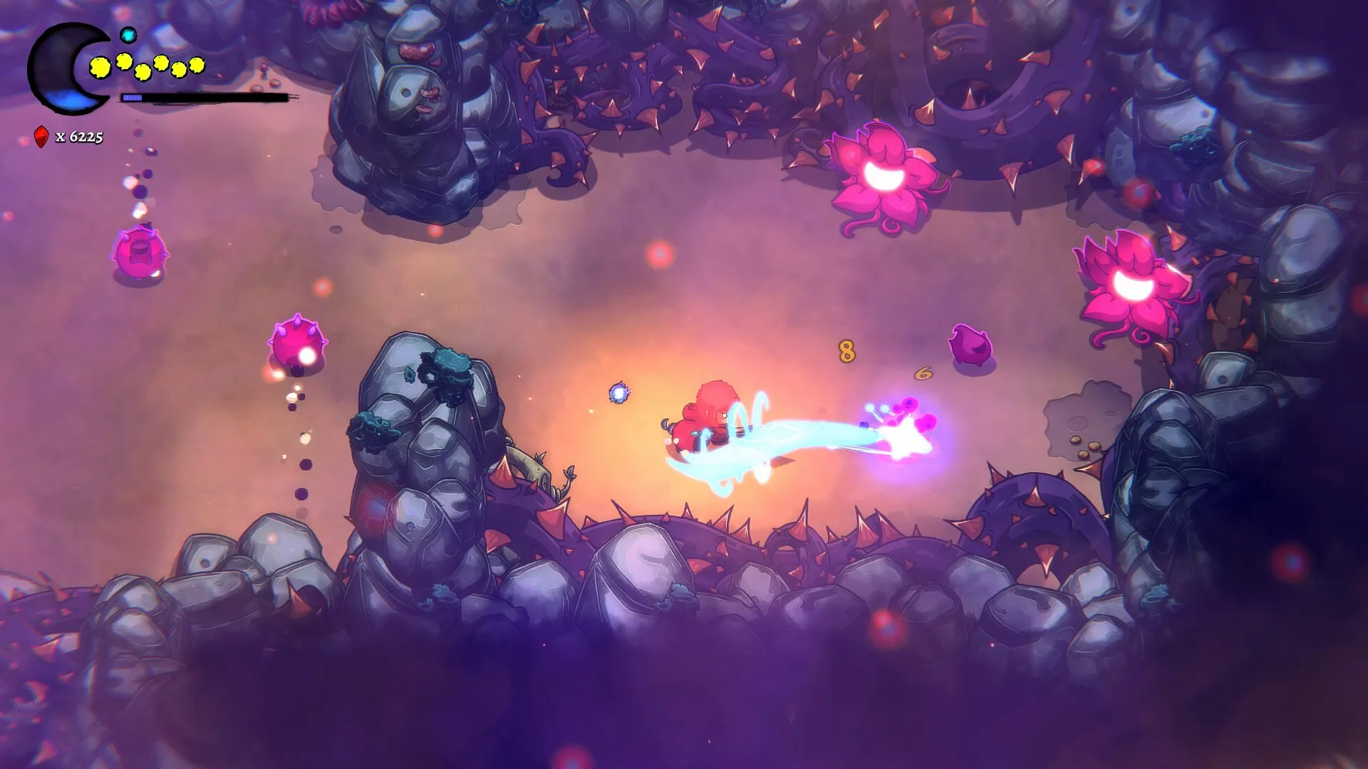 Last Moon: Character using energy attack in thorny cavern with pink enemy creatures surrounding them
