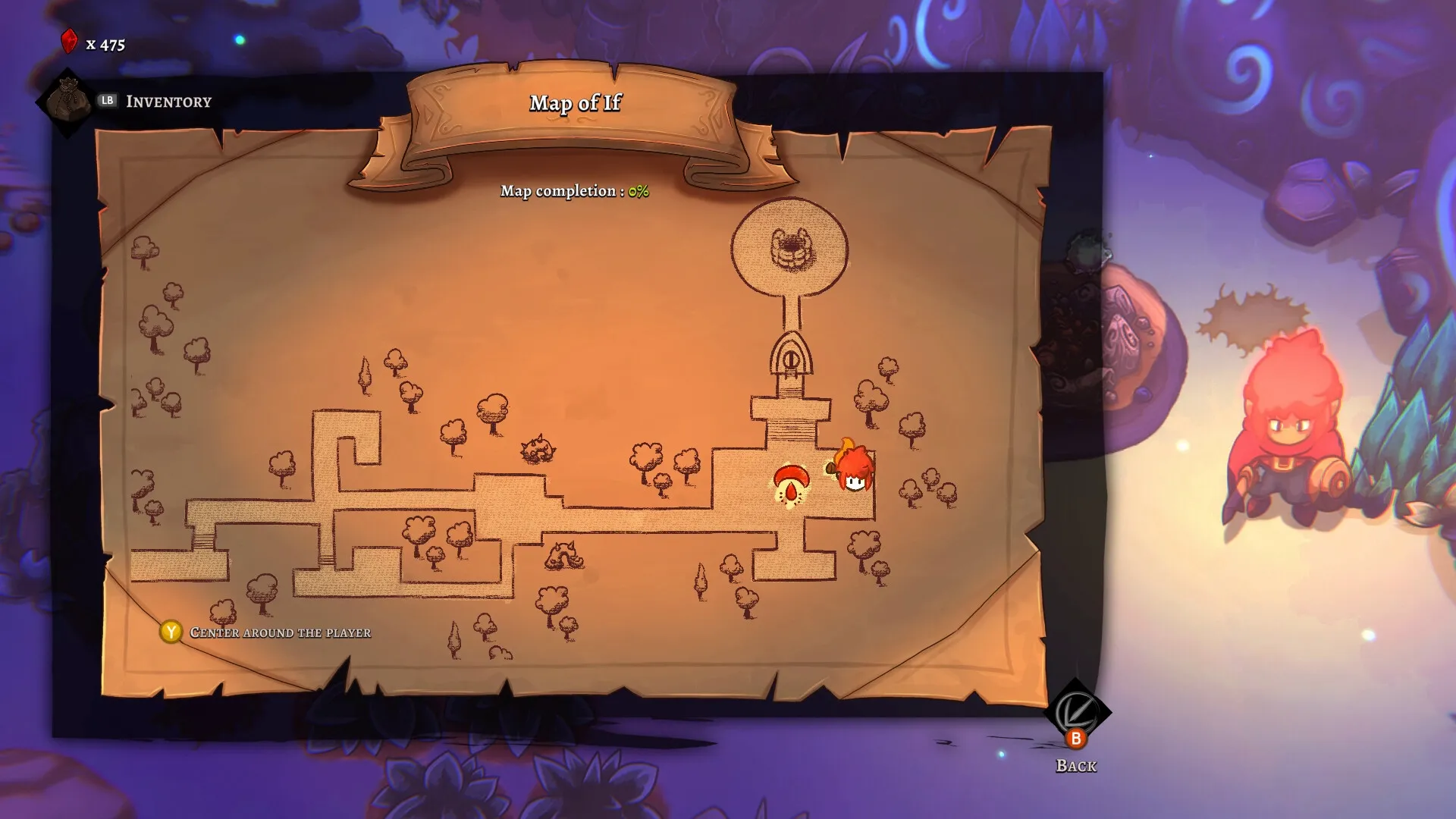 Last Moon: Character with red hood exploring map of If, inventory and gems displayed on interface