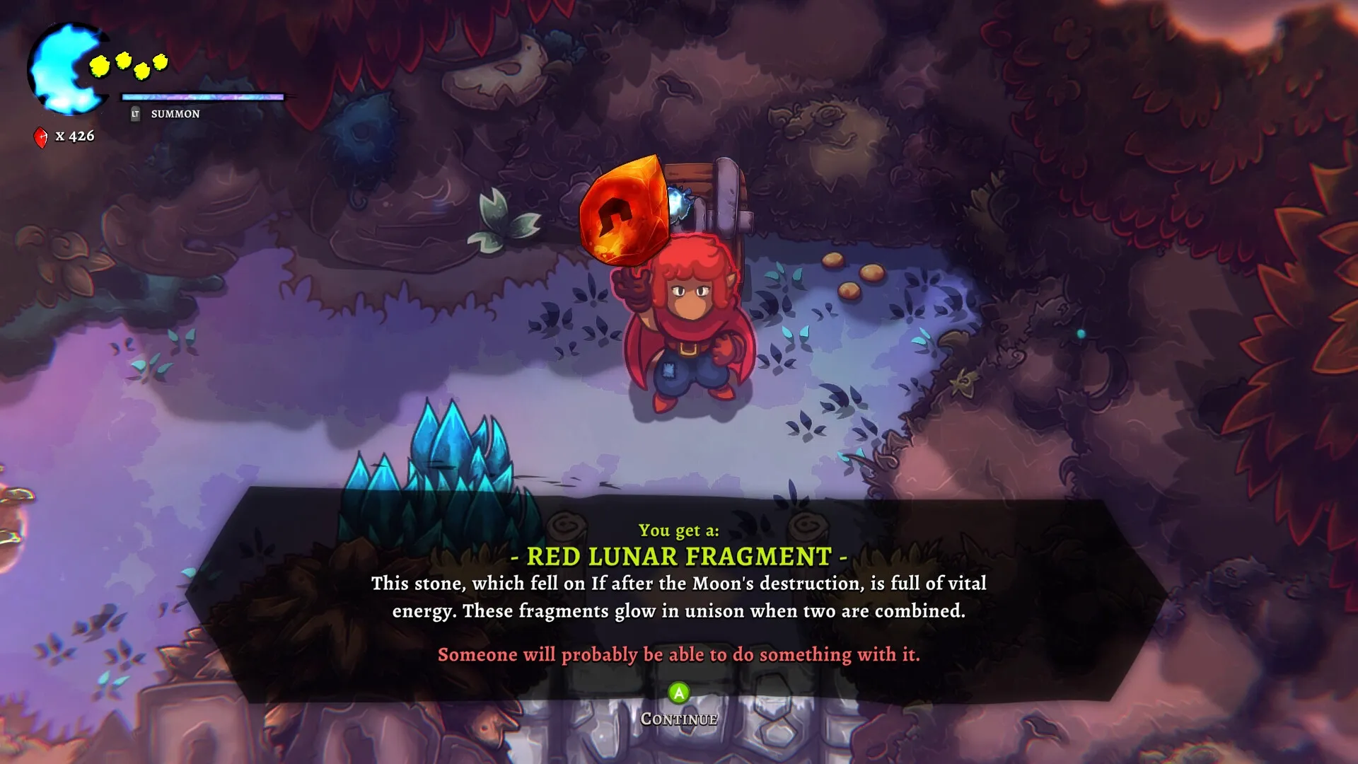 Last Moon: Character holding red lunar fragment in forest with UI showing health and summon option