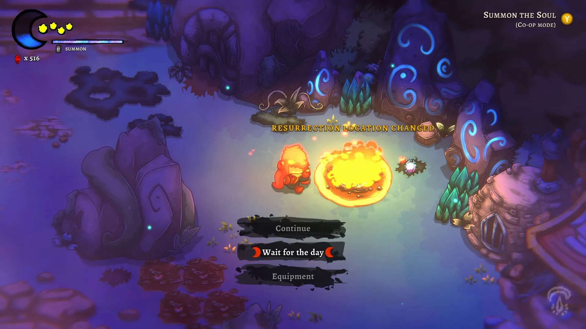 Last Moon: Character near glowing campfire in mystical forest clearing, resurrection location changed.