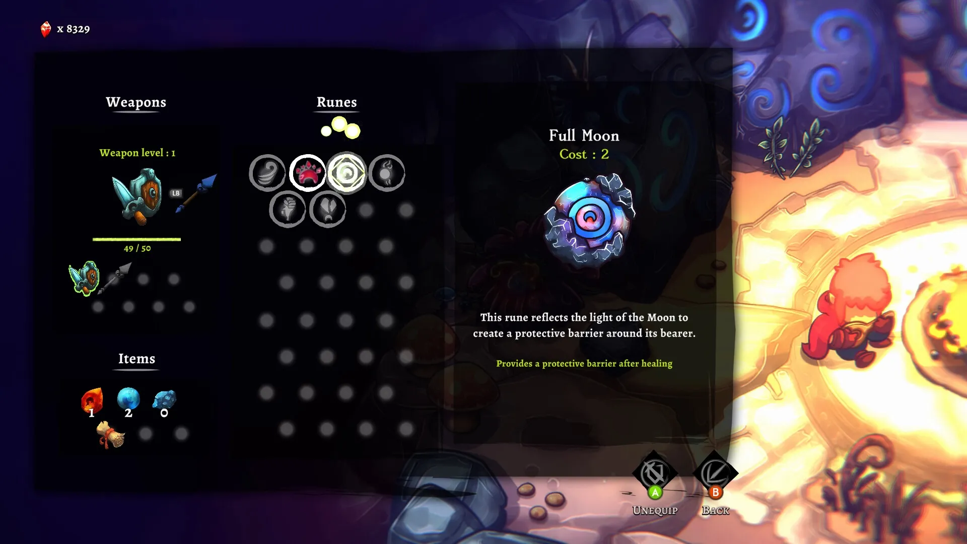 Last Moon: Inventory screen with equipped weapon, runes, and items in a mystical cave setting