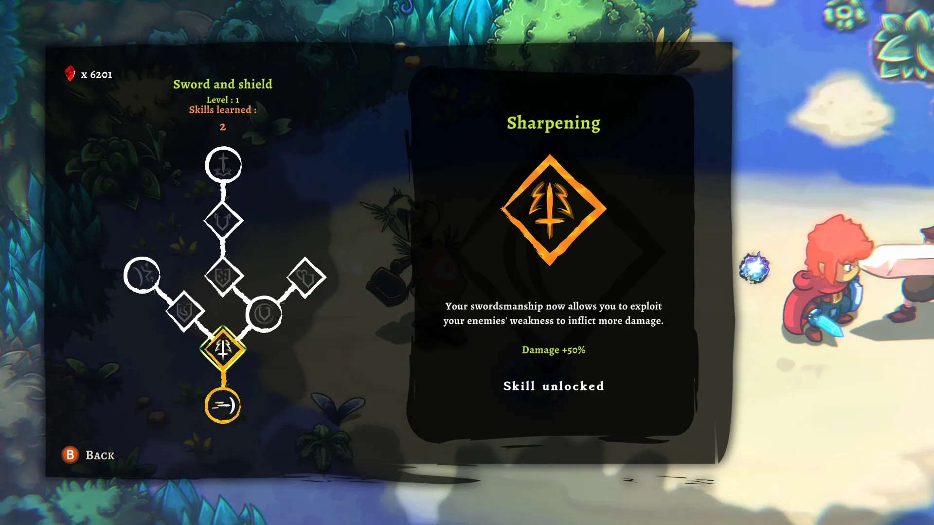 Last Moon: Skill tree interface with "Sharpening" skill unlocked, character ready for battle in forest