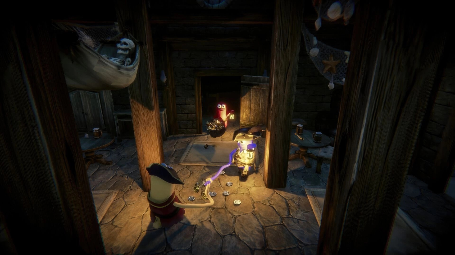 Last Pirates: Pirates collect scattered coins by lantern light inside a wooden tavern room at night.