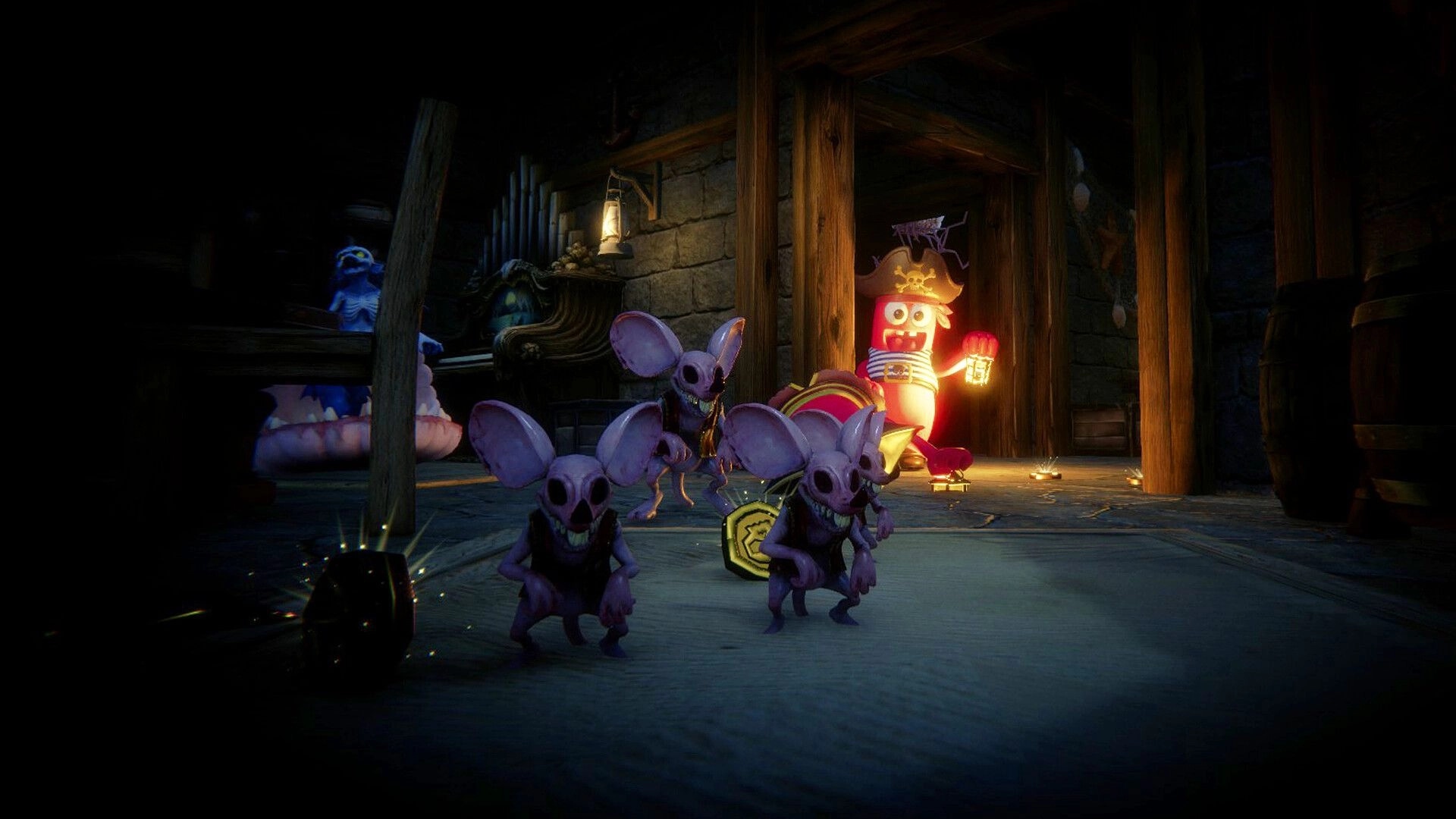 Last Pirates: Three purple bat-like monsters approach a pirate lantern in a dim wooden cellar room.