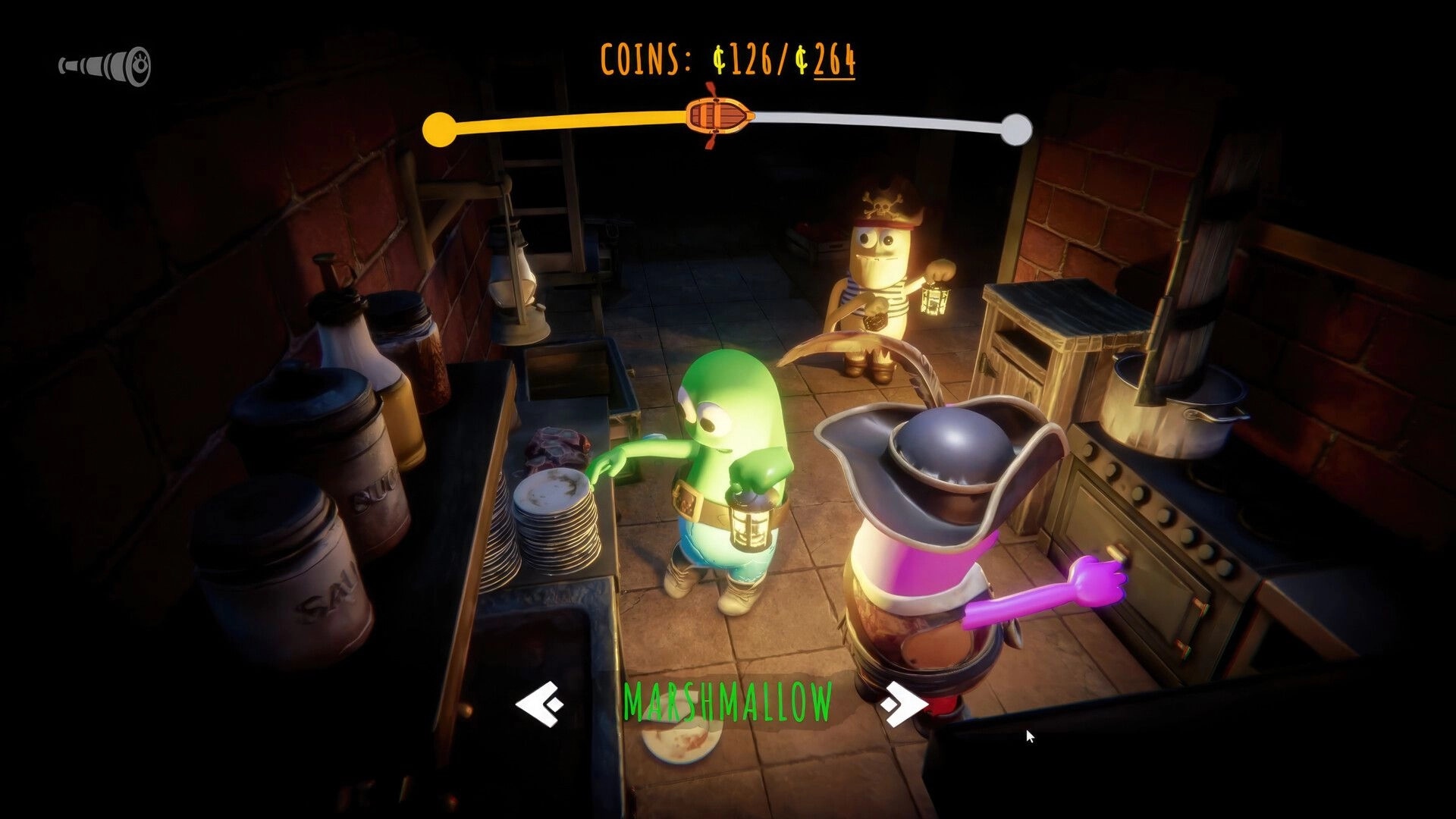 Last Pirates: Three pirates looting kitchen items by stove and shelves, coins progress bar at top.