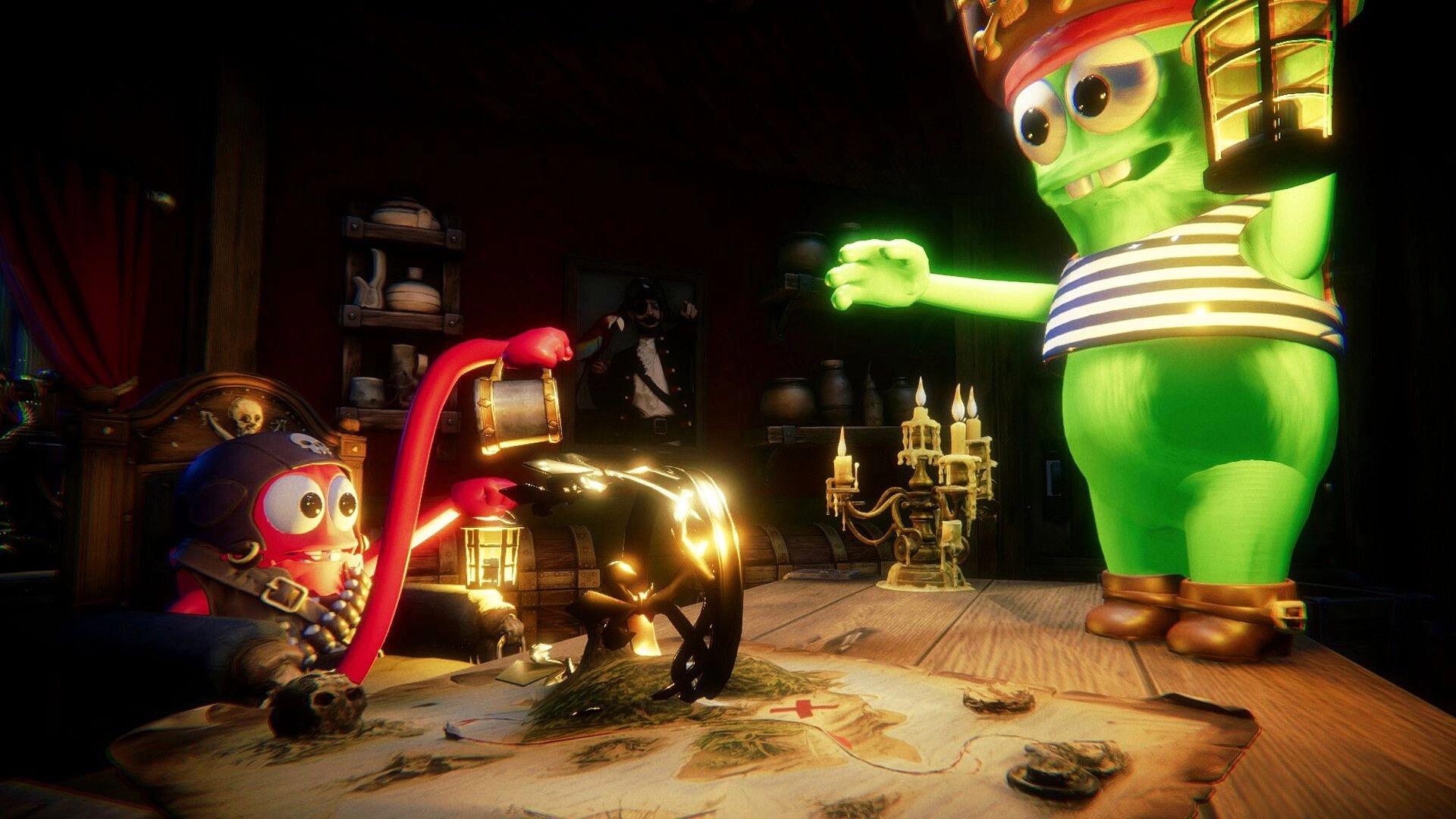 Last Pirates: Two cartoon pirates with lanterns over a map table inside a candlelit cabin room.