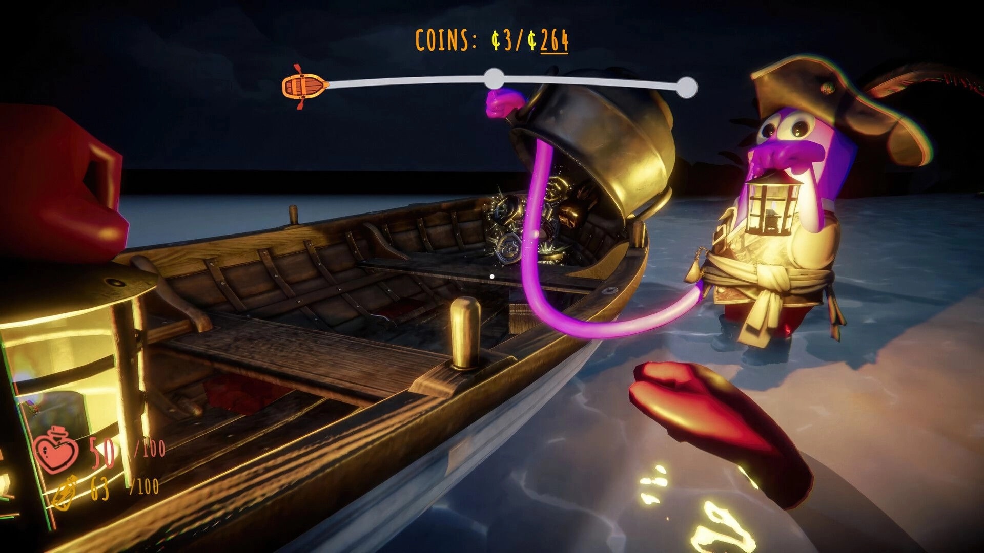 Last Pirates: Player grabs loot from a rowboat at night, coins counter and HUD visible on screen.