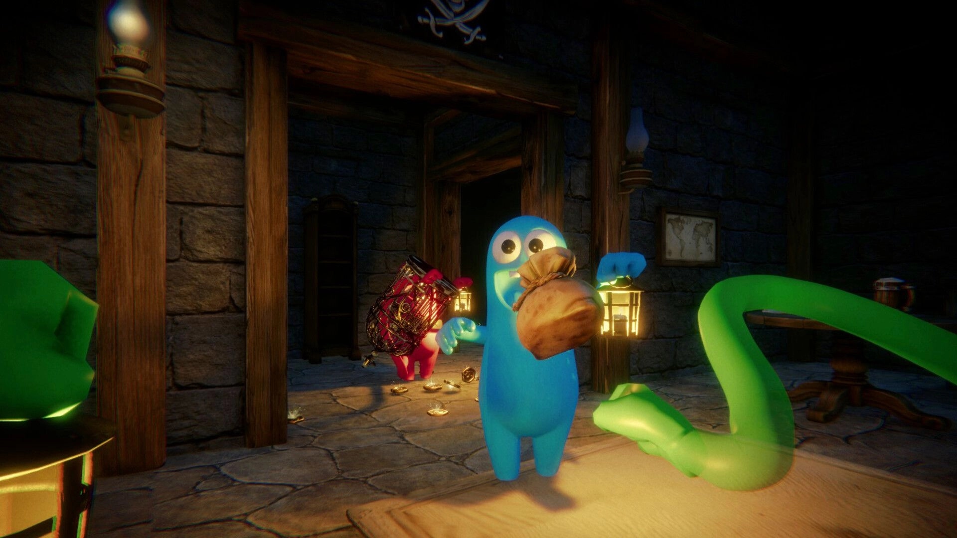 Last Pirates: Blue crewmate holds a loot bag in a stone room with lanterns and scattered gold coins.