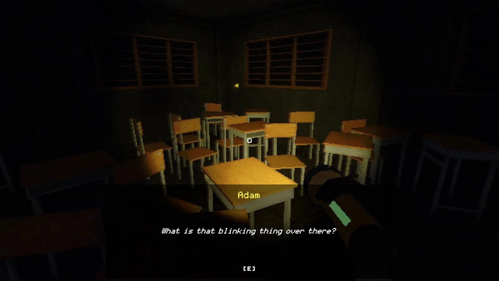 Late Night Duty: Flashlight view of empty classroom desks with blinking light and dialogue subtitle UI.