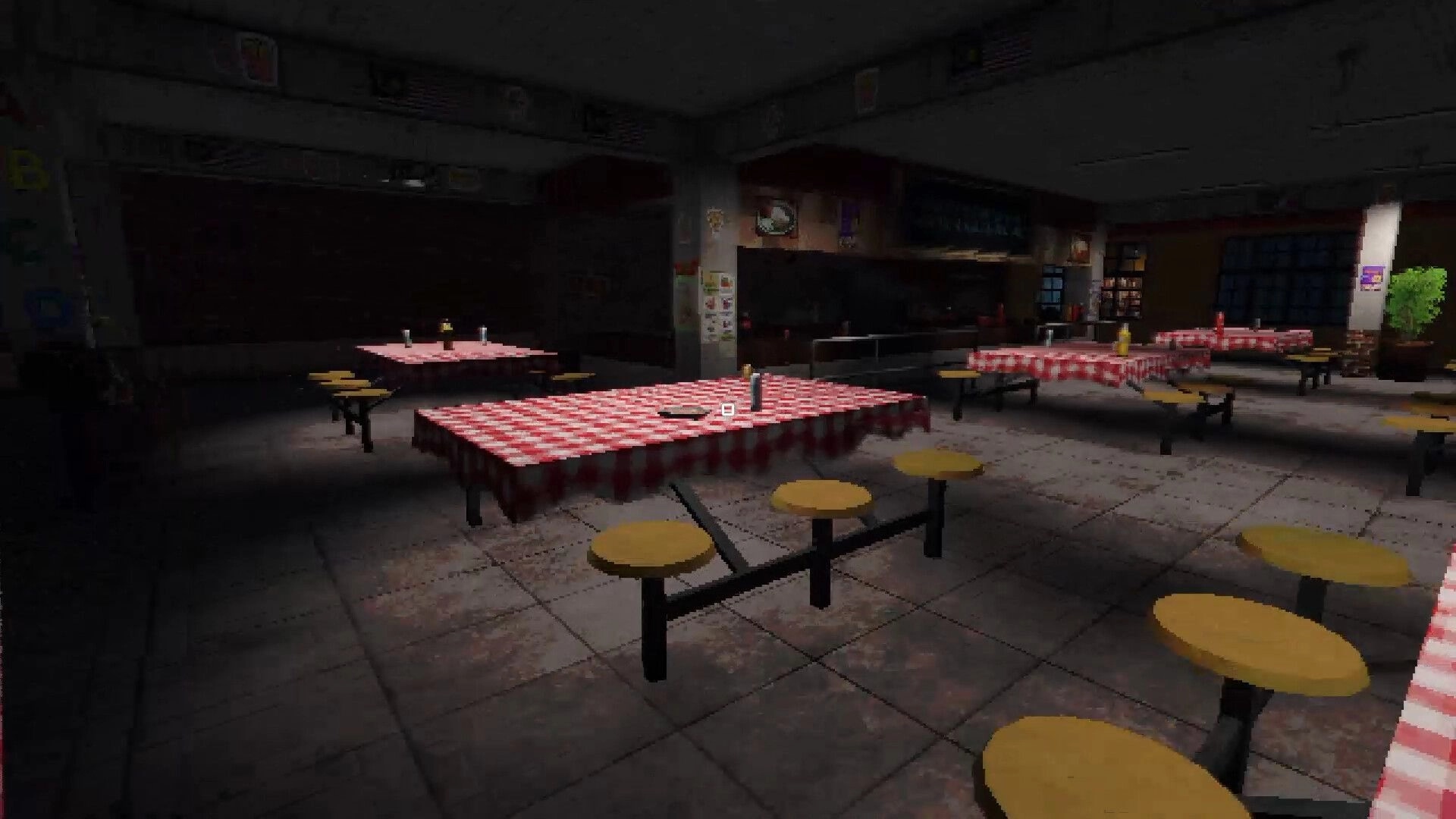 Late Night Duty: First-person view of empty school cafeteria with checkered tables and dim lighting.