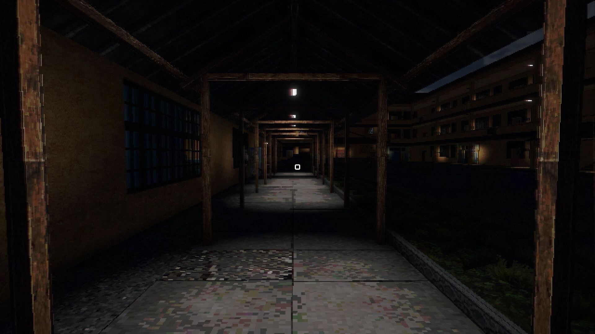 Late Night Duty: First-person view down a dim school corridor with a centered crosshair at night.