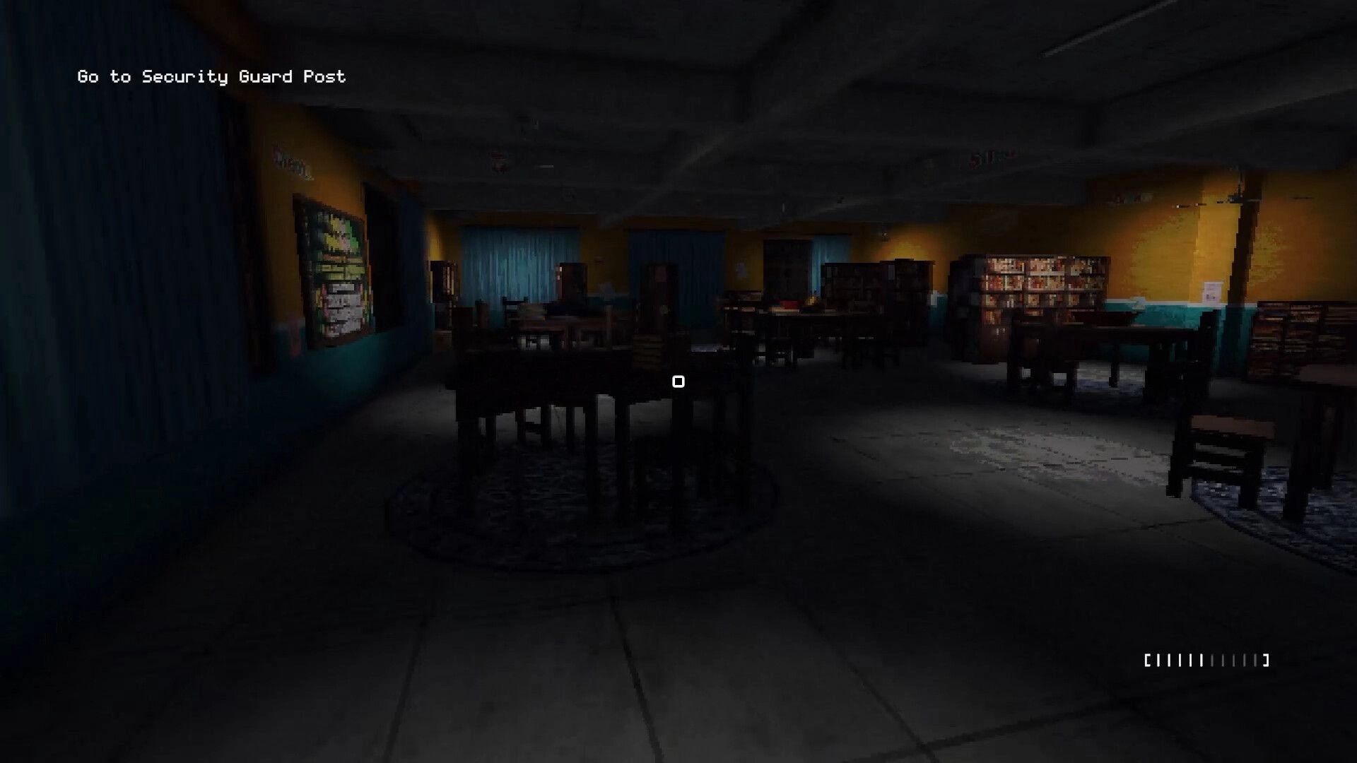 Late Night Duty: Objective text prompts patrol to security guard post in a dim school library room.