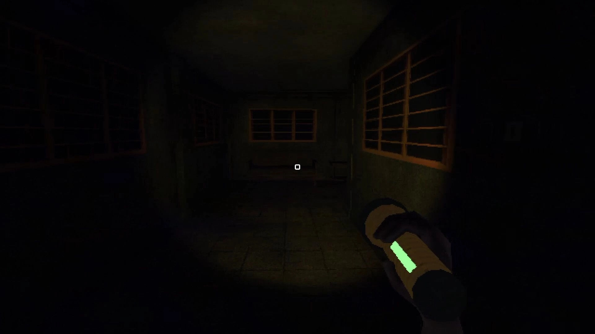 Late Night Duty: First-person flashlight view with crosshair in a dark school corridor by windows.